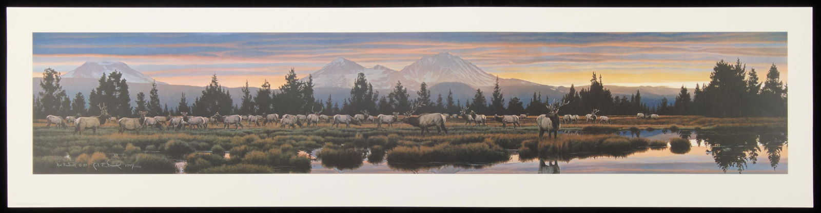 Rod Frederick "Mountain Sunset" S/N Print: Print depicting a mountainous landscape scene illuminated by the setting sun. Height: 12 1/4 in x width: 49 in.
