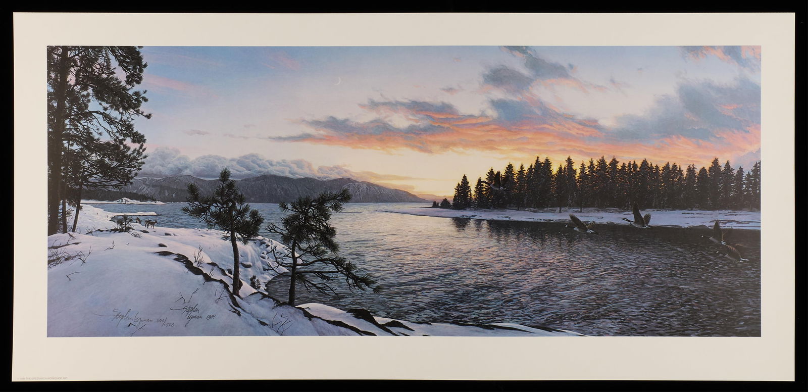 Stephen E. Lyman "Last Night of Winter" Print: Print depicting a snowy winter landscape illuminated by the rising sun. Pencil signed and numbered 760/1500 along the lower left. Further signed and dated 1989 along the lower left. Marked "The