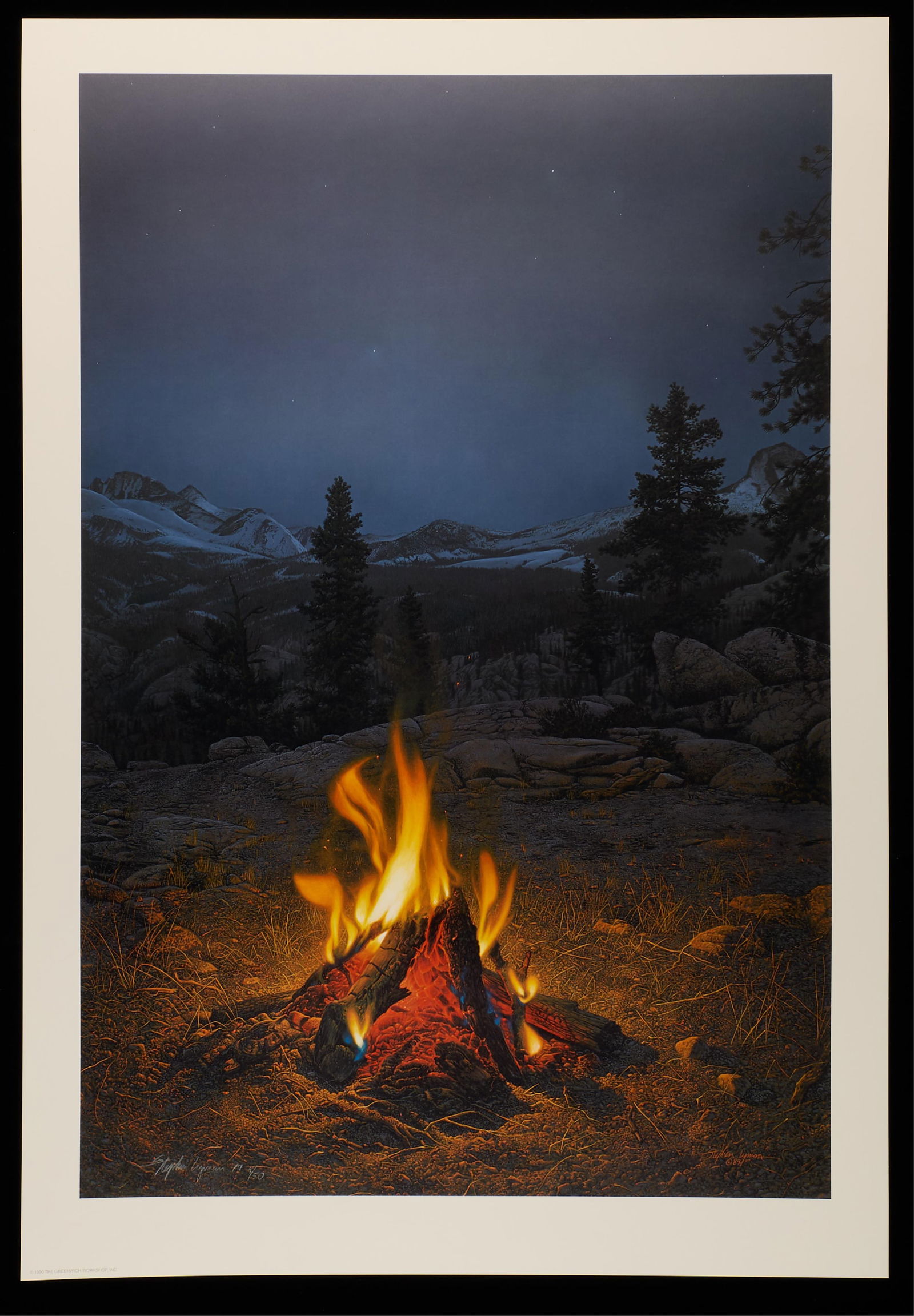 Stephen E. Lyman "A Mountain Campfire" Print 1989: Print depicting a dynamic, glowing campfire in the wilderness, with a mountain landscape along the background. Pencil signed and numbered 9/50 along the lower left. Further signed in print and