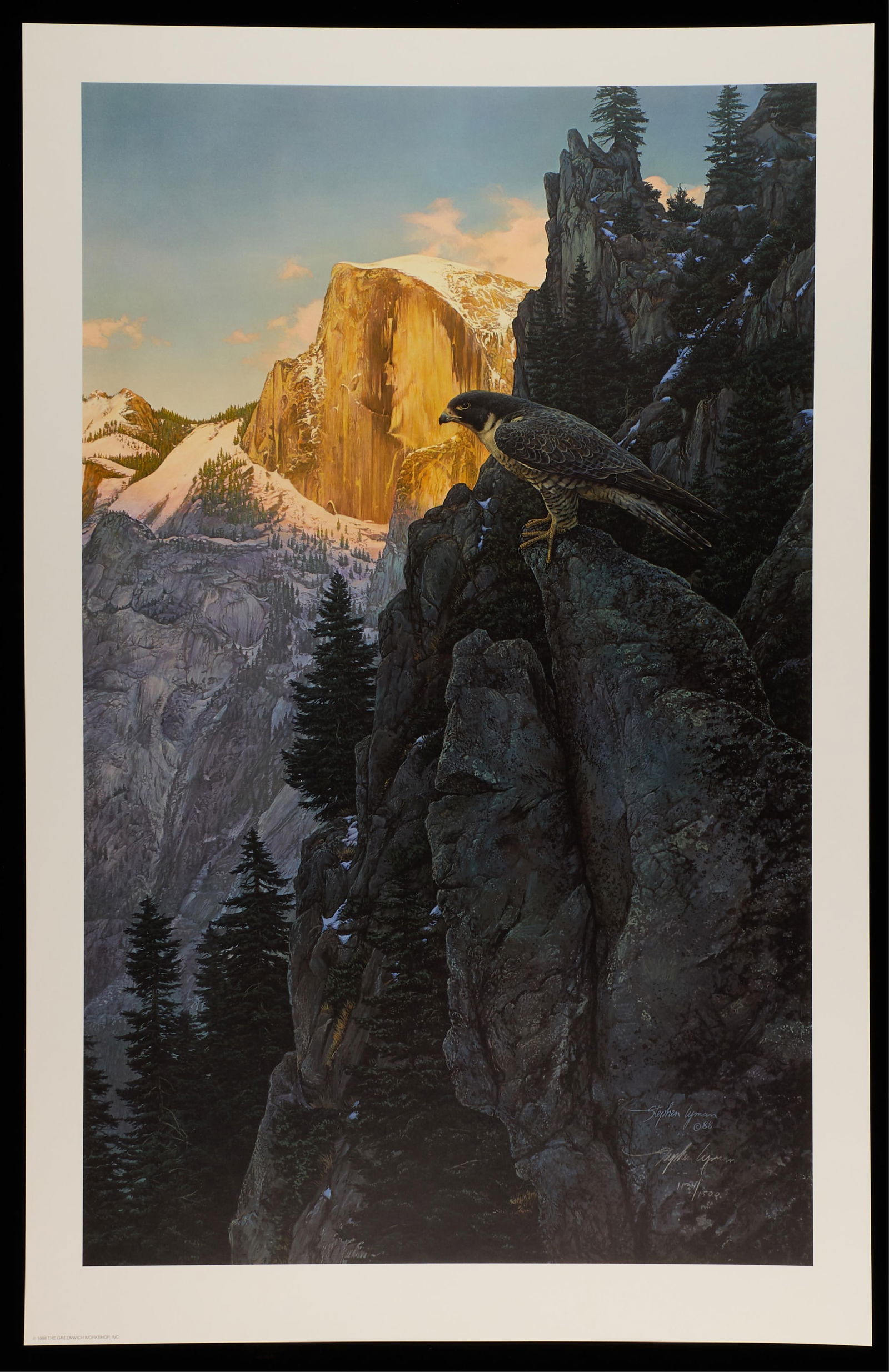 Stephen E. Lyman "Return of the Falcon" Print: Print depicting a peregrine falcon seated atop a rock face with a snowy mountainscape along the background. Signed and numbered 1134/1500 along the lower right. Dated 1988 and marked "The Greenwich