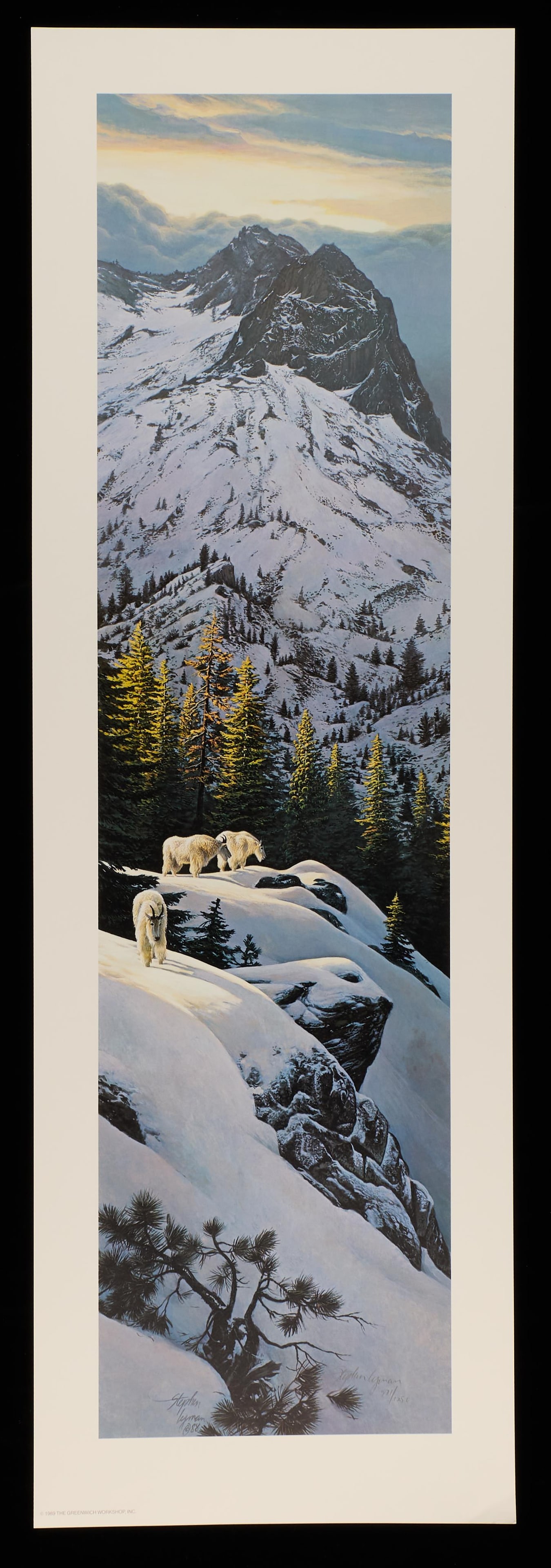 Stephen E. Lyman "High Light" Print 1988: Print depicting three mountain goats in a snowy, mountainous landscape. Pencil signed and numbered 571/1250 along the lower right. Signed in print and copyright dated 1988 along the lower right.