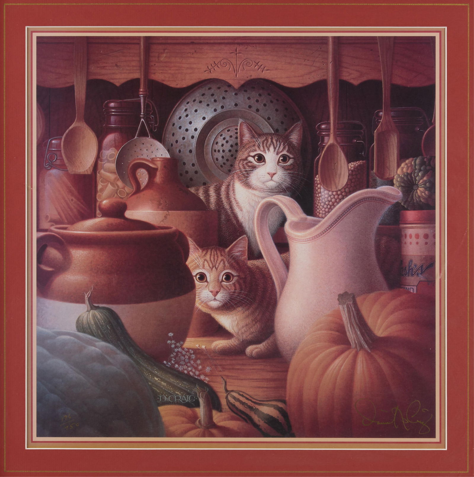 2 Daniel Craig "Americana Cats" Prints: Group of two prints on paper from the "Americana Cats" series depicting feline domestic still life setting. Marker signed "Daniel Craig" along the lower right corners; signed in print along the lower