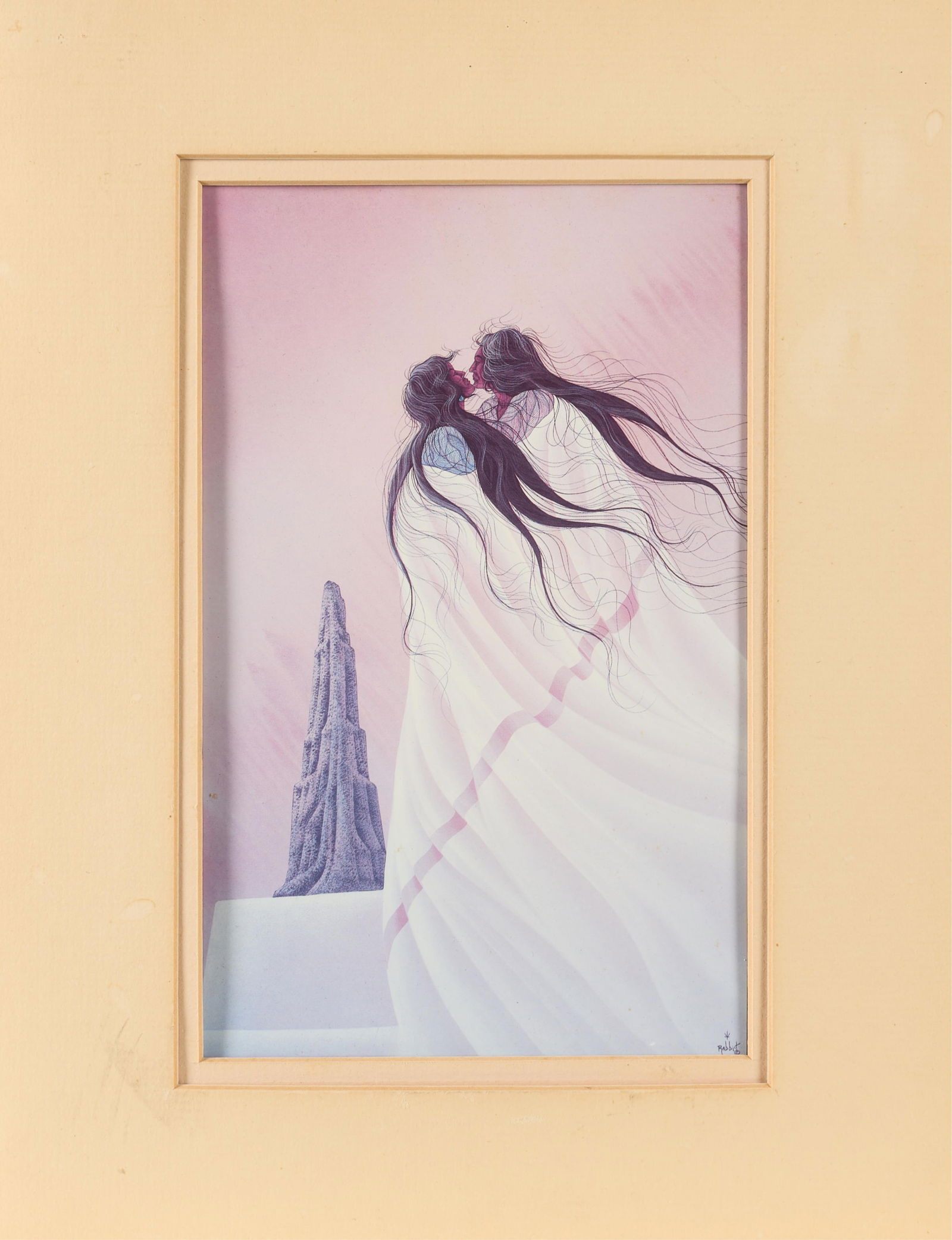 Bill Rabbit "First Kiss" Print: Bill Rabbit (Cherokee, 20th/21st c.) print on paper titled "First Kiss" depicting two figures in embrace with a billowing blanket or cloth draped around them. A large, monolithic rock towering in the