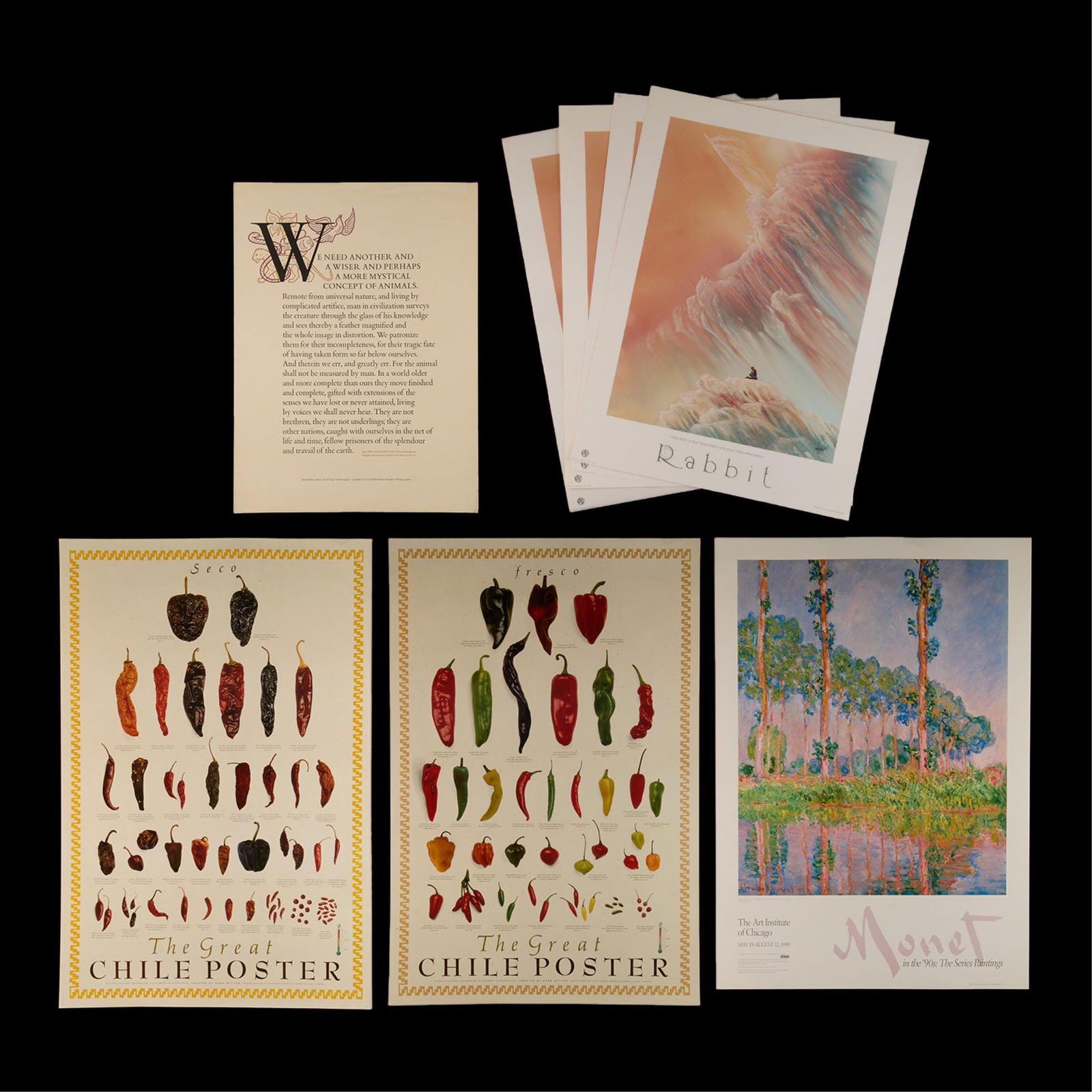 8 Assorted Poster Prints: Including four S/N Rabbit "1989 Artist of the Year Indian Arts and Crafts Association" posters, one 1990 "Monet in the 90s: The Series Paintings" Art Institute of Chicago print poster, two "The Great