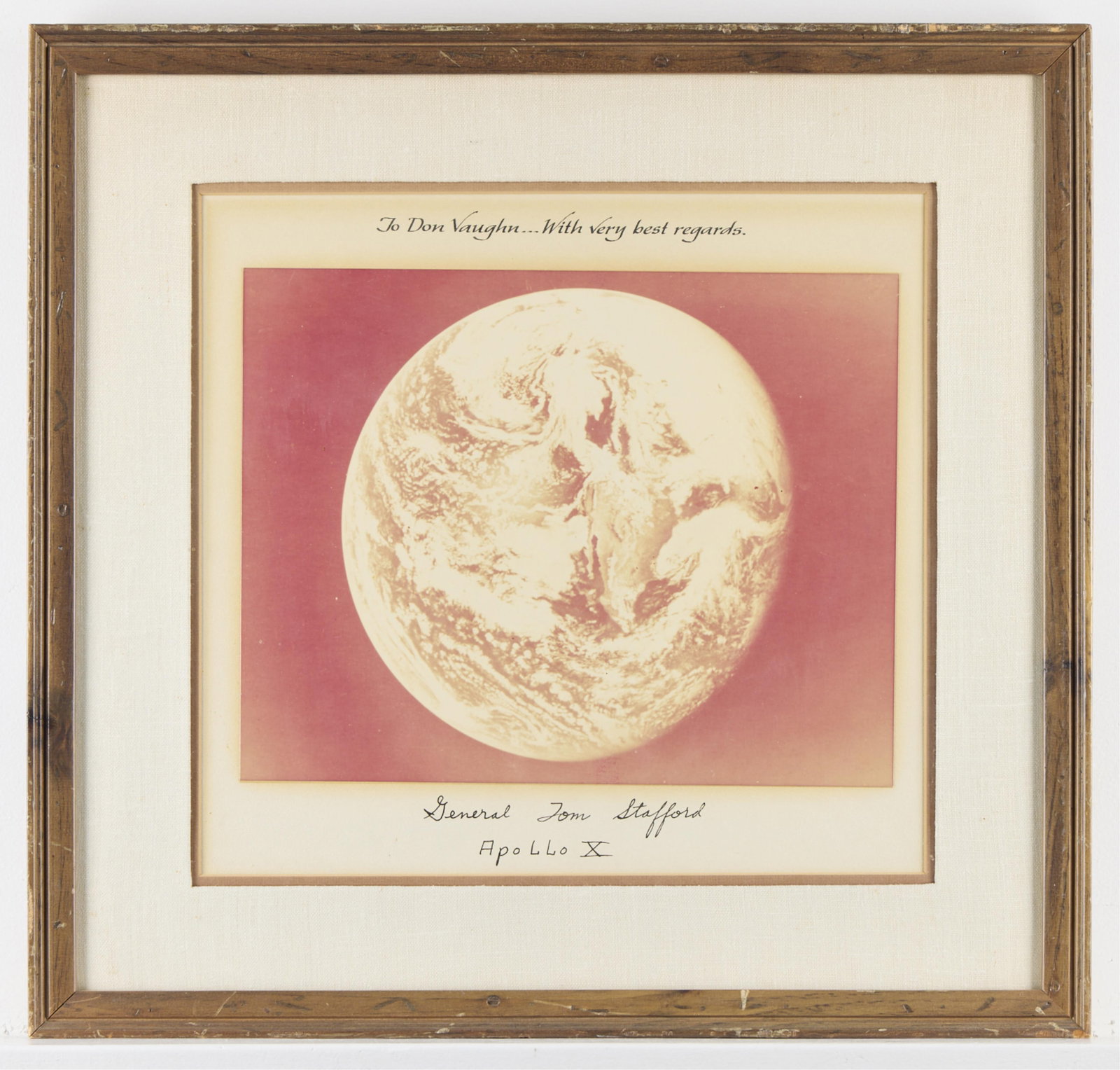 General Tom Stafford "Blue Marble Apollo X" Print: Signed print depicting a photograph of the Earth by General Tom Stafford taken from space on the Apollo X mission. Signed and titled along the lower margin. Dedicated "To Don Vaughn... With very best