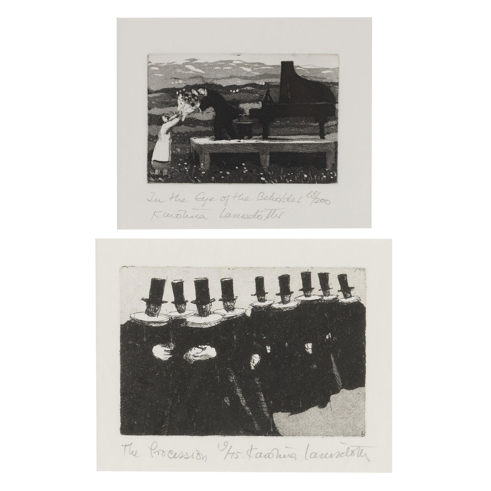 Karolina Larusdottir S/N Etchings: Group of two etchings. Including two signed Karolina Larusdottir prints, one titled "The Procession," numbered 19/75, the other titled "In the Eye of the Beholder," numbered 68/200. Height ranges