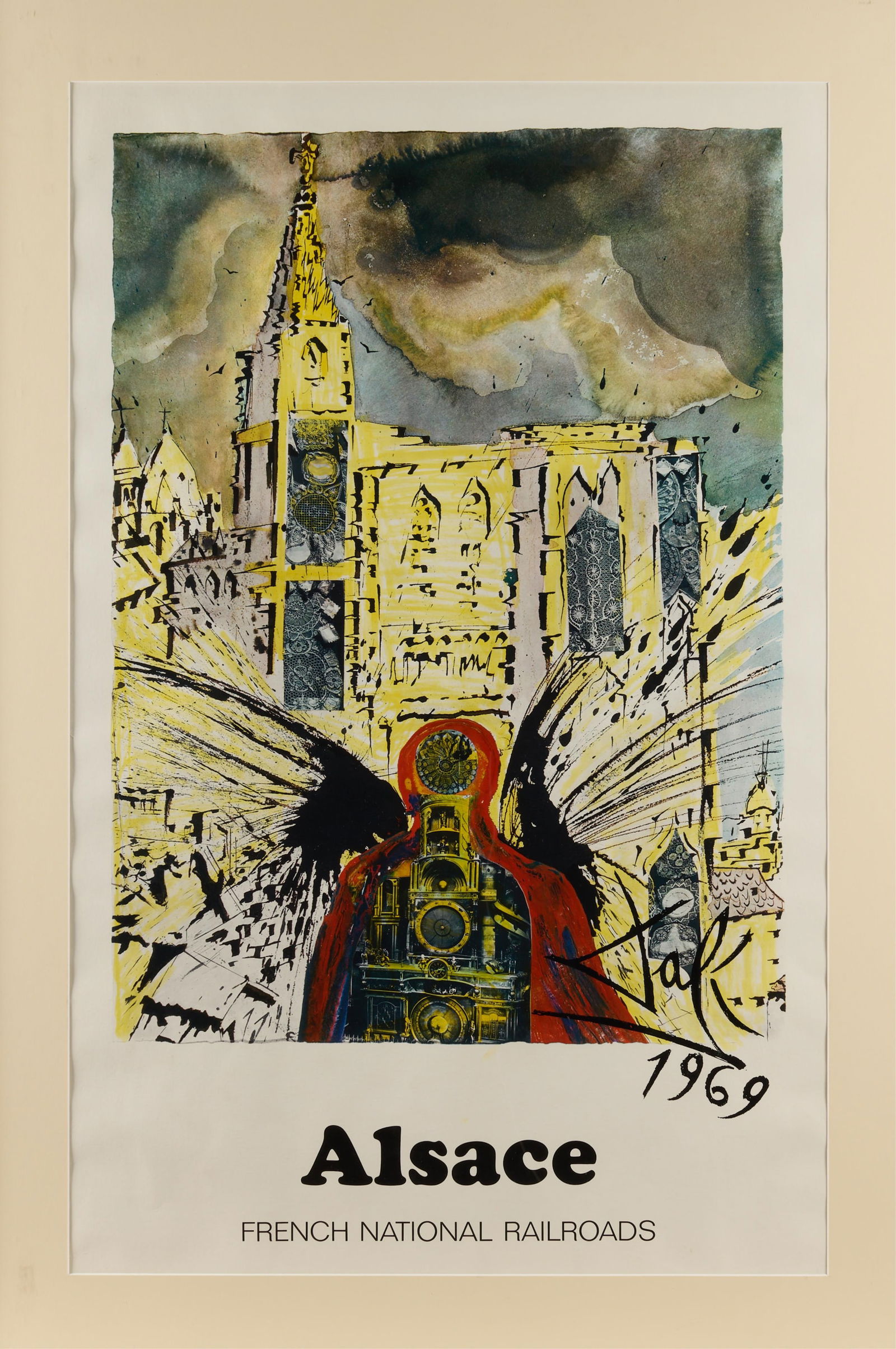 Antique Salvador Dali "Alsace" Poster 1969: Antique Salvador Dali lithograph poster, captioned, "Alsace 1969 French National Railroads," 1969. Height: 45 3/4 in x width: 32 in x depth: 1 in.