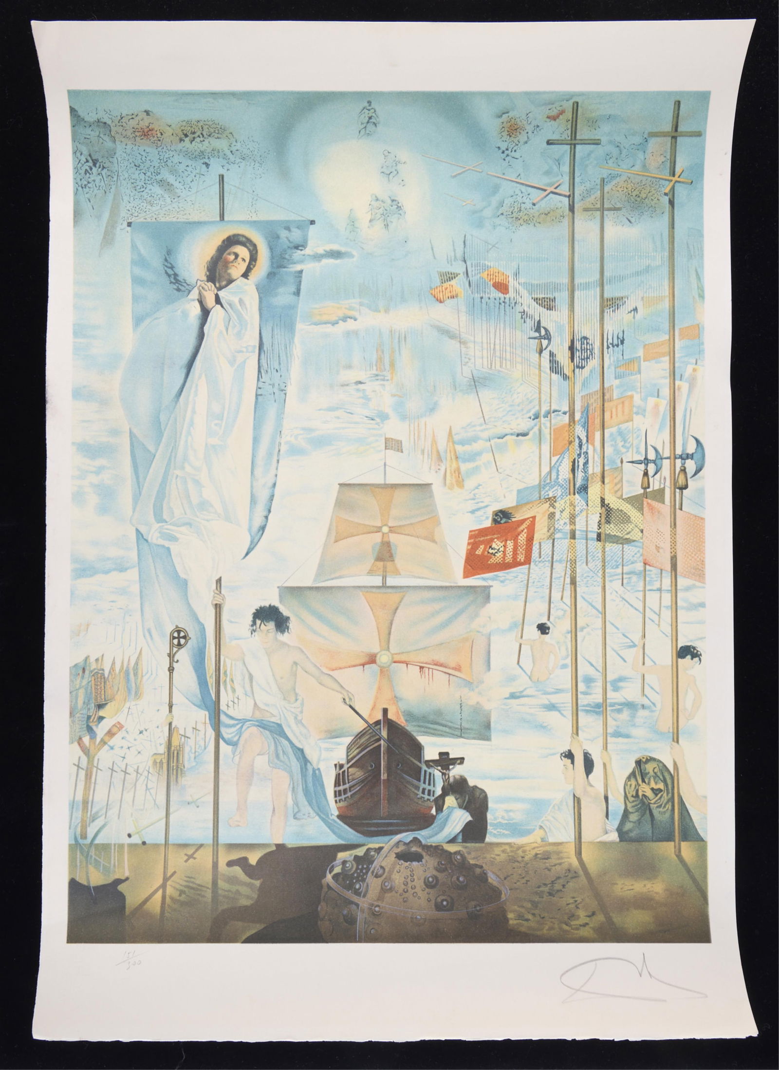 S/N Salvador Dali "The Discovery of America" Print: Print titled "The Discovery of America by Christopher Columbus," depicting a blend of Spanish history, myth, and religion, portraying Columbus as a Christian savior bringing the church to the New
