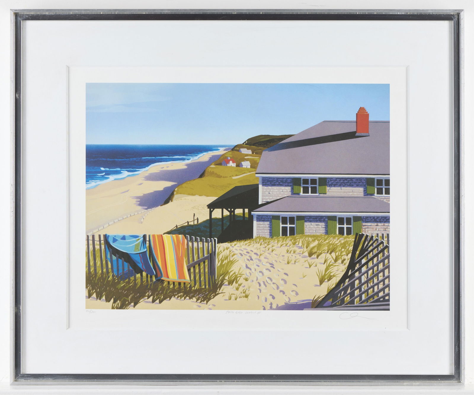 Oren Sherman "South East Lookout" L.L. Bean Print: Print titled "South East Lookout," depicting a summer beach scene. Cover design for the L.L. Bean Summer 2001 catalog. Pencil signed, titled, and numbered 140/300 along the lower margin. Height: 21