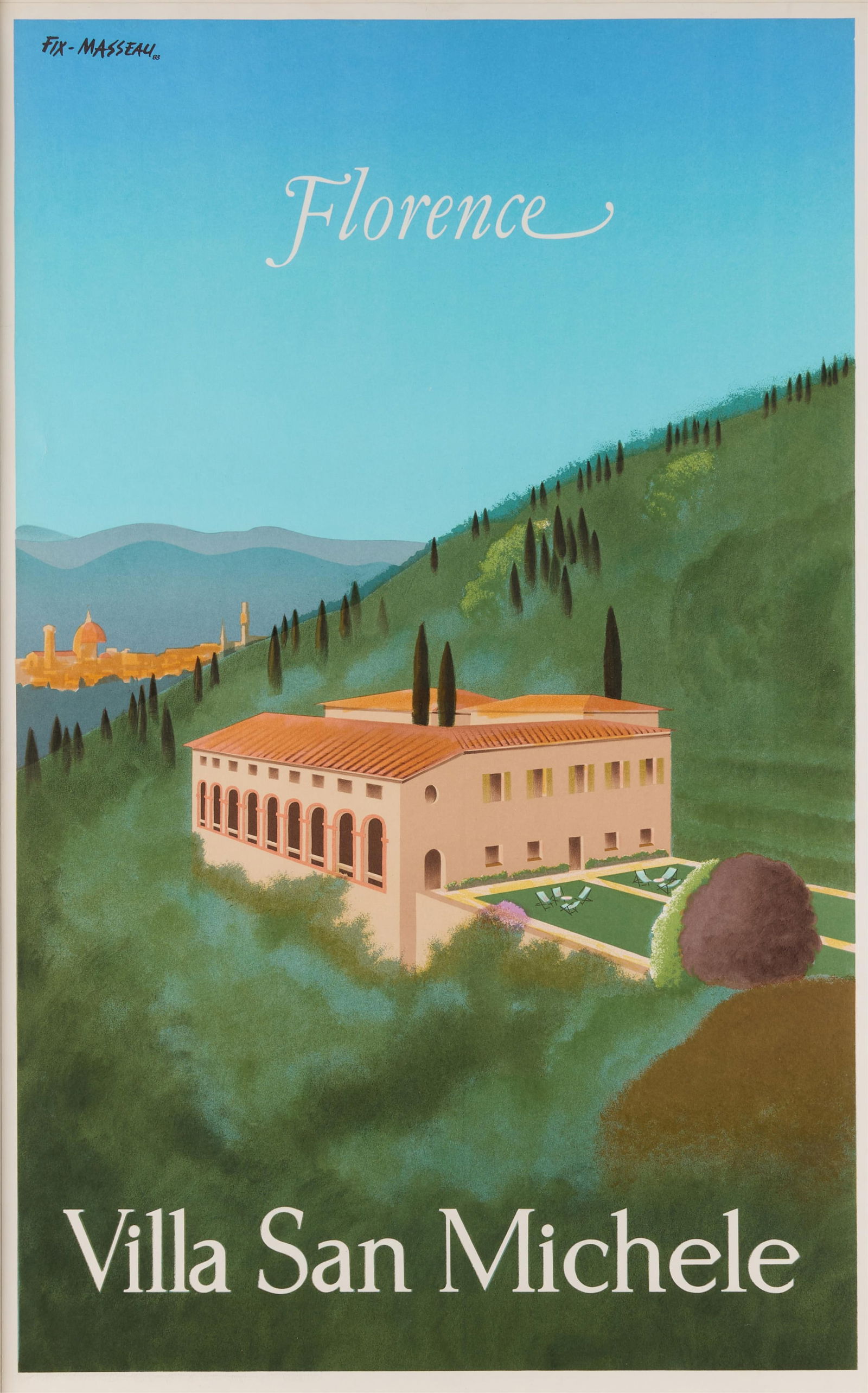 Fix-Masseau Florence Villa San Michele Poster: Pierre Fix-Masseau (French, 1905-1994). Lithograph poster depicting Villa San Michele in Florence, Italy, 1983. Signature and date in print along the upper left. Height: 42 3/4 in x width: 27 3/4 in