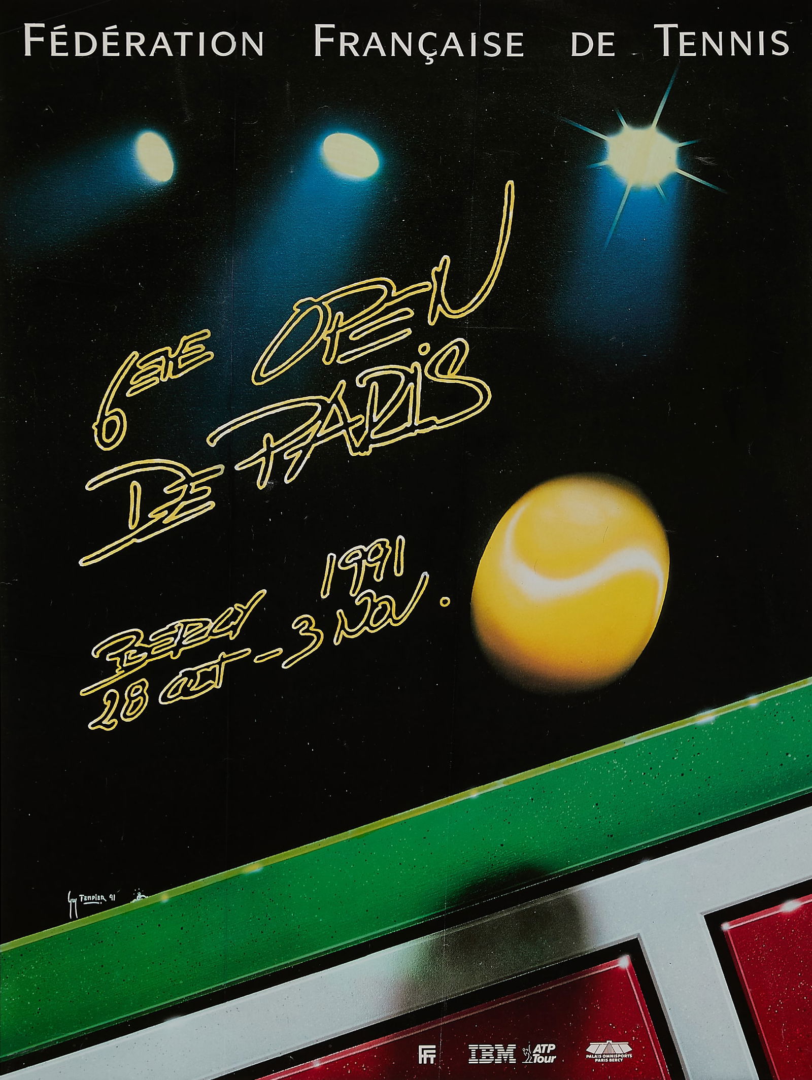 Federation Francaise de Tennis Bercy Poster 1991: Antique lithograph poster advertising the Federation Francaise de Tennis French Open tournament, 1991. Captioned "6ieme Open de Paris." Height: 36 1/2 in x width: 28 3/4 in.