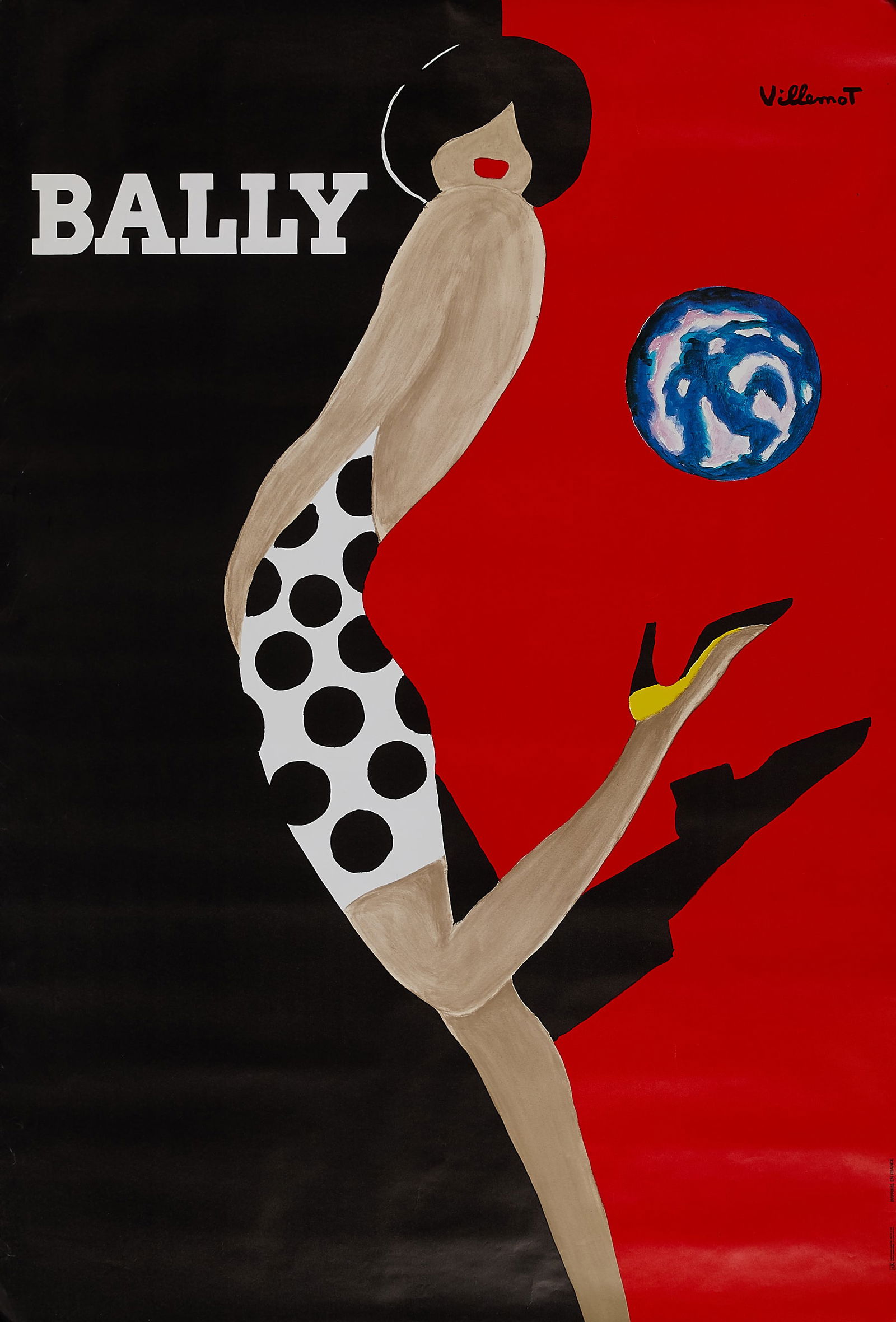 Bernard Villemot "Bally Kicking World" Poster 1989: Antique lithograph poster depicting "Bally Kicking" or "Bally Kicking the World" by French graphic artist Bernard Villemot, 1989. Height: 69 in x width: 46 1/2 in.