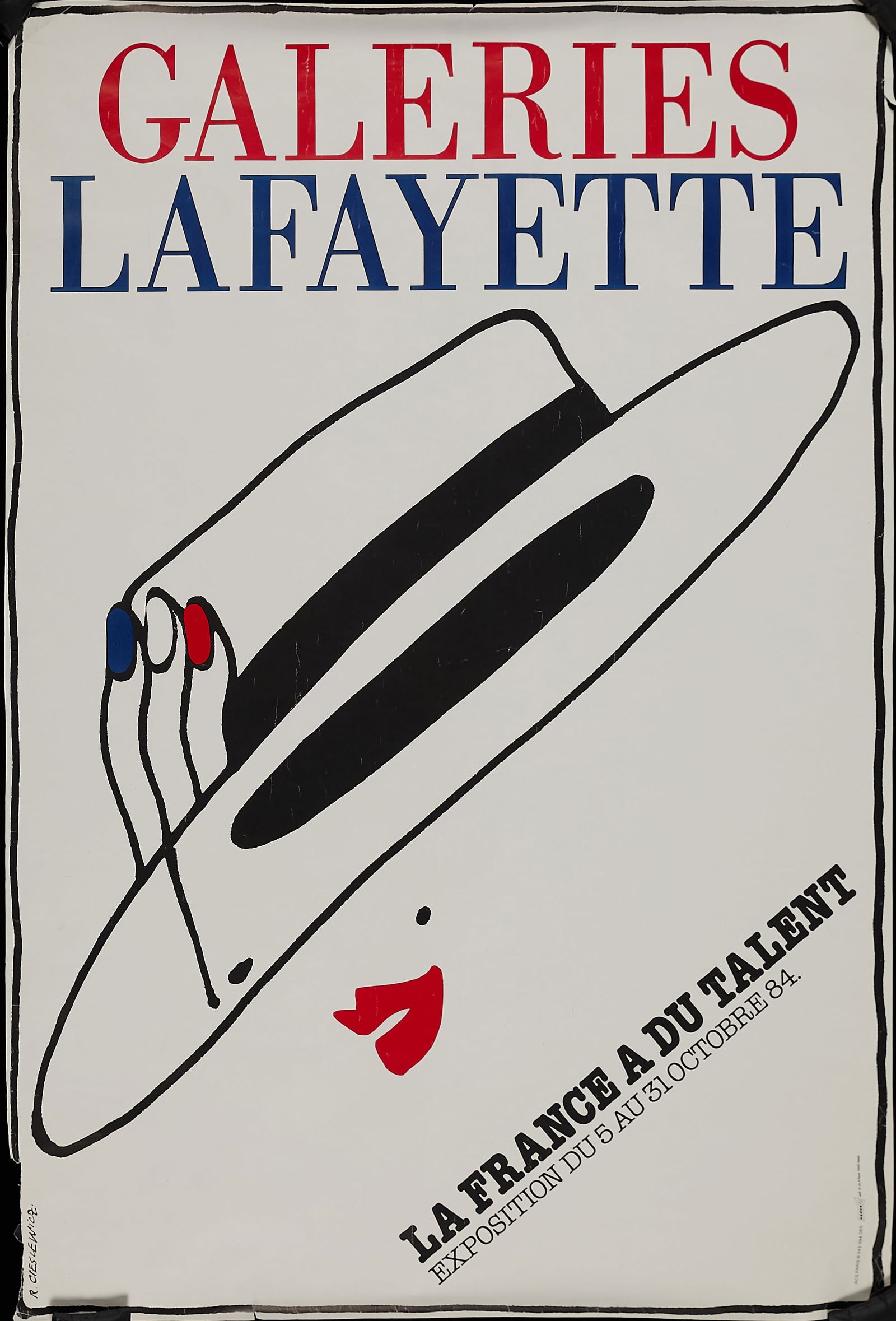 1984 Roman Cieslewitz Galeries Lafayette Poster: Roman Cieslewicz (Polish, 1930-1996). Antique lithograph poster for the Galeries Lafayette department store in Paris, France. Captioned "La France a du Talent," 1984. Height: 67 in x width: 45 1/4 in.