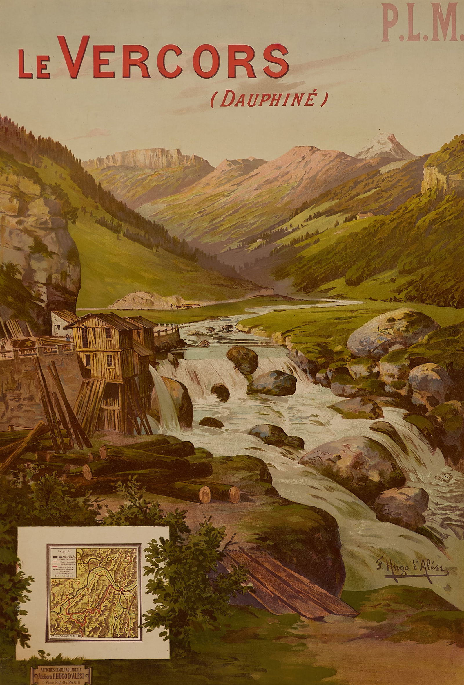 Hugo d'Alesi Le Vercors Dauphine Poster: Hugo d'Alesi (French, 1849-1906). Antique lithograph poster depicting le Vercors, a large mountain range and Regional Natural Park in the Dauphine region of the French Alps. Height: 44 in x width: 32