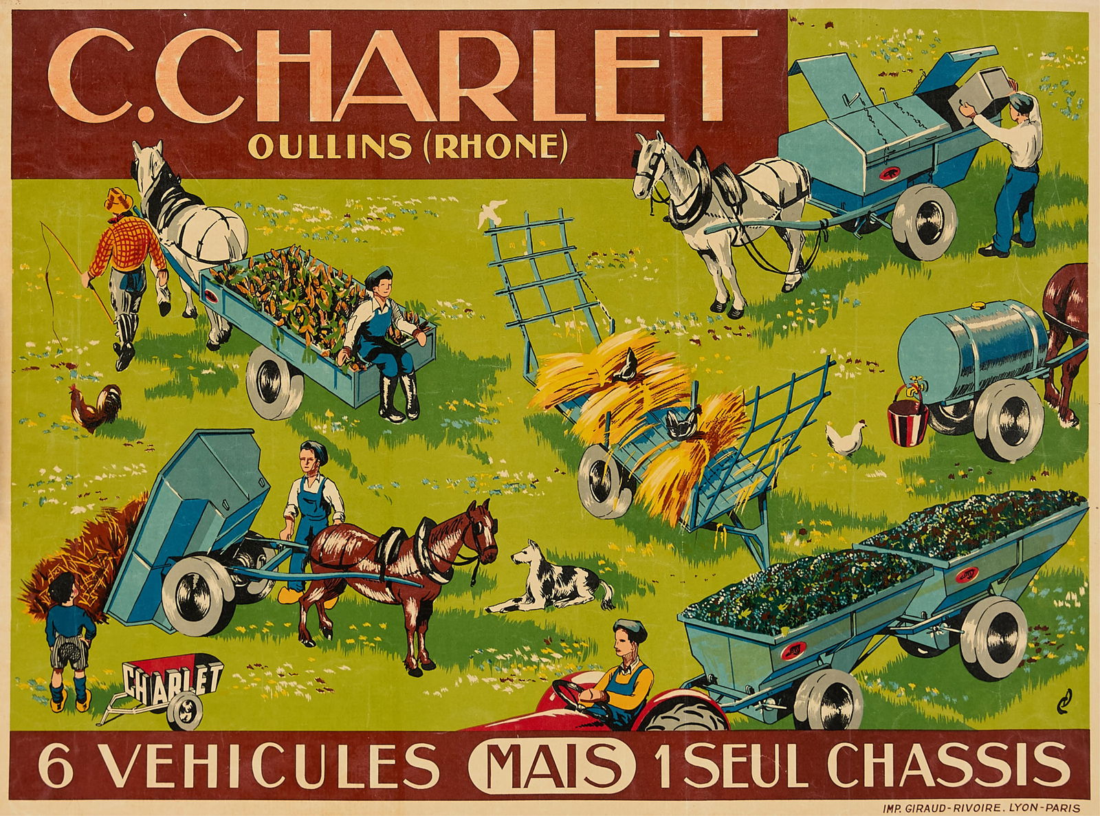 1930s C. Charlet Advertising Poster: Antique advertising lithograph poster. Titled "C. Charlet, Oullins (Rhone)," and captioned "6 Vehicules mais 1 Seul Chassis," ca. 1930s.Height: 25 3/4 in x width: 34 1/2 in.