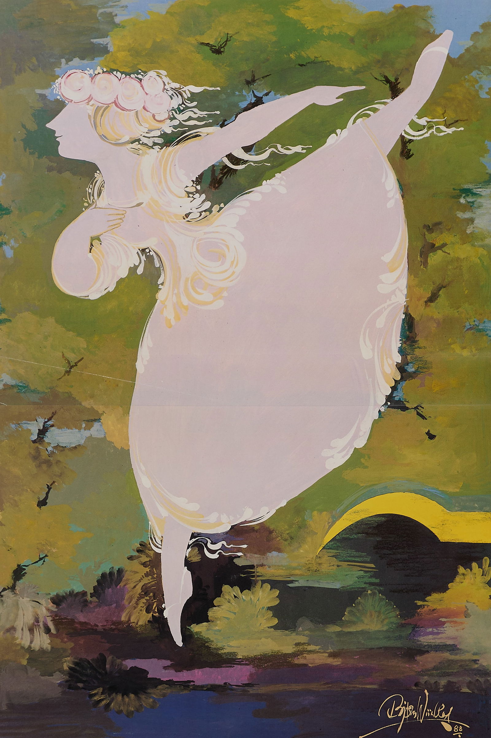 Bjorn Wiinblad "Royal Danish Ballet" Poster 1988: Antique poster advertising the Royal Danish Ballet Festival, depicting a ballerina wearing a flowing white dress, 1988. Signed and dated along the lower right.Height: 73 in x width: 43 in.