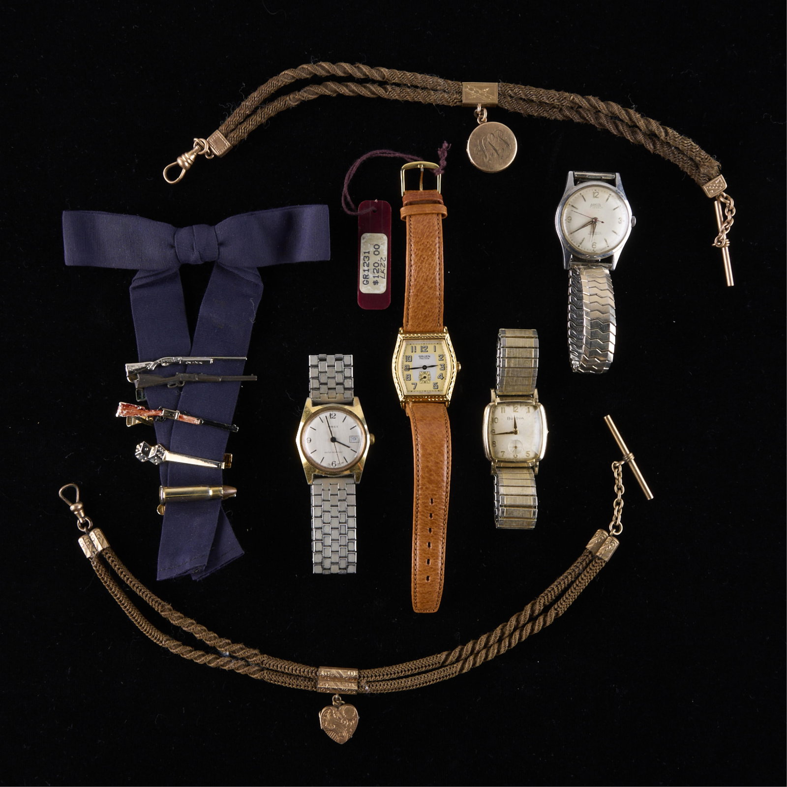 12 Pcs Vtg Jewelry Incl. Watches, Hairwork, & More: Group of 12 vintage jewelry pieces. Including one Gruen Tonneau Precision dress watch with original box, one Bancor Swiss men's watch, one Timex men's watch, one Bulova Art Deco 10k RGP watch, two Vic