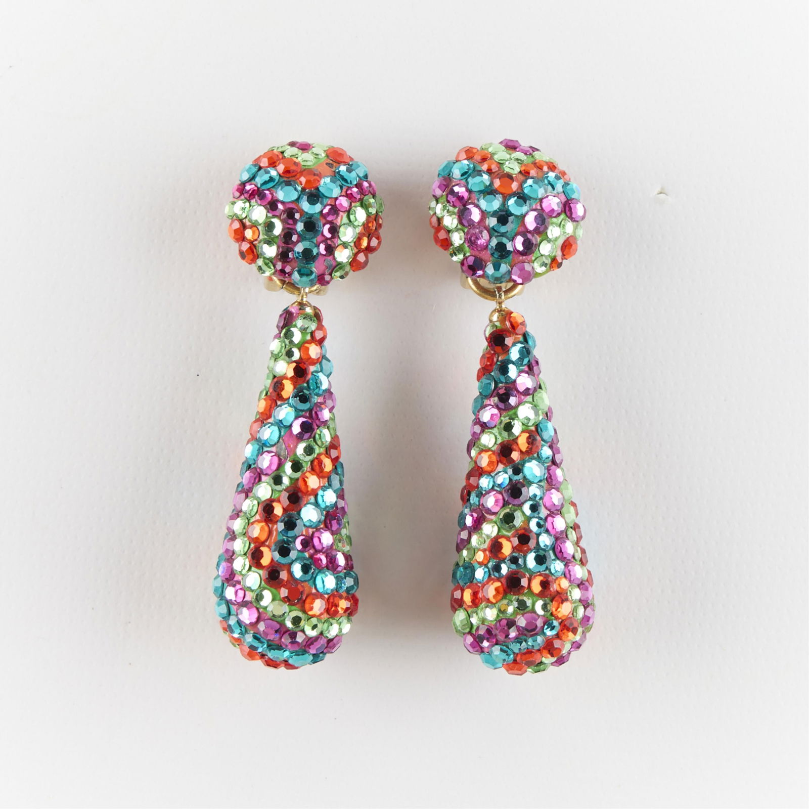 1980s Richard Kerr Rainbow Drop Earrings: Vintage Richard Kerr clip-on rainbow drop earrings, ca. 1980s. Vibrant, multicolored crystal pave design. Marked. (Each) Length: 2 1/2 in. Gross weight: 22.80 g.