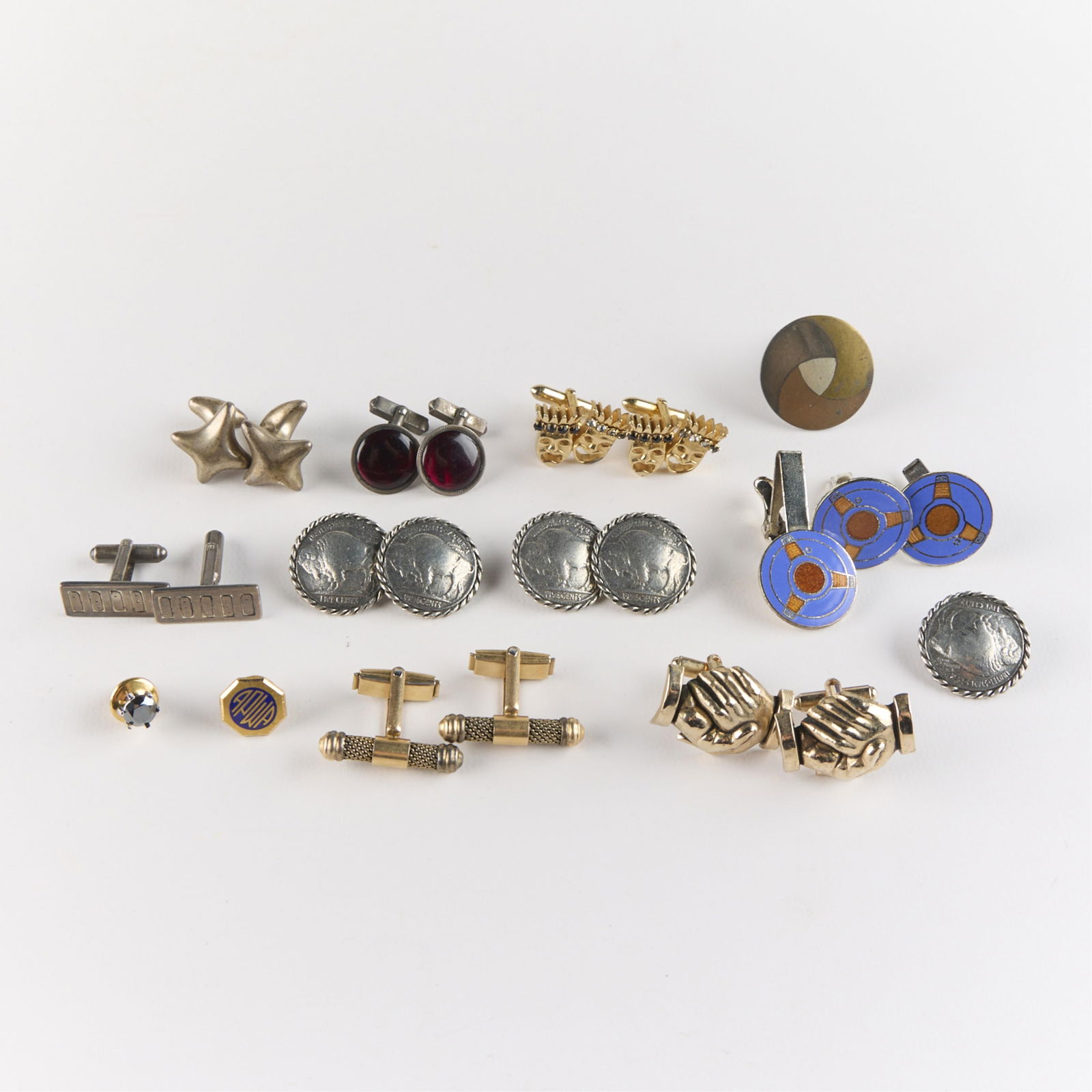 16 Pcs Men's Cufflinks, Tie Clips, Tacks, & More: Group of 16 men's jewelry pieces. Including IBM cufflinks and matching tie clip with enamel computer disk design, five U.S. buffalo nickel coin buttons, two pairs sterling cufflinks, and more! Gross