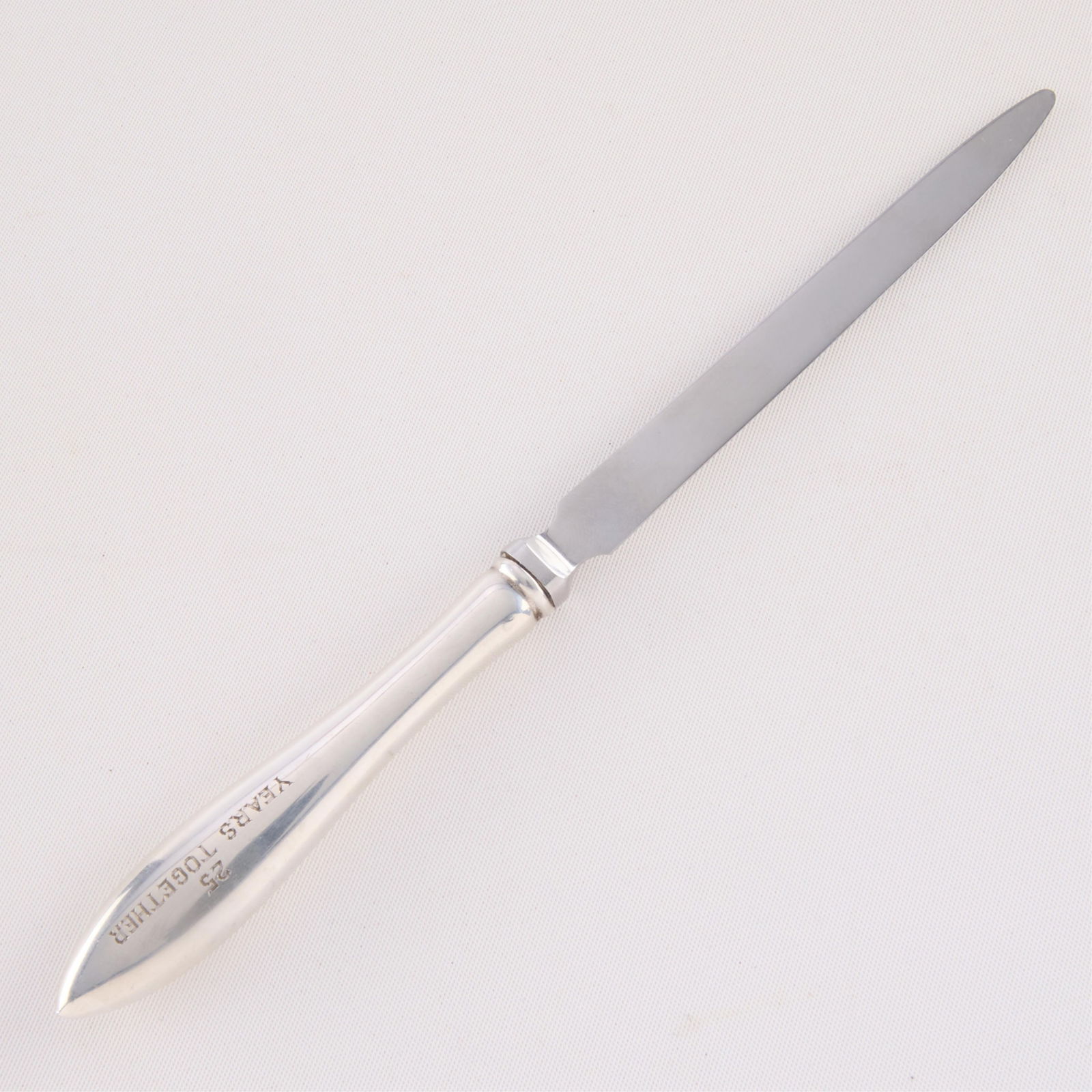 Gorham Sterling Silver & Steel Letter Opener - 32.6 g: Gorham sterling silver handled letter opener with stainless steel blade. Incised "JWC to HEC 3-7-78" and "25 Years Together" along the handle. Marked along the blade.Length: 7 3/4 in x width: 1/2 in x