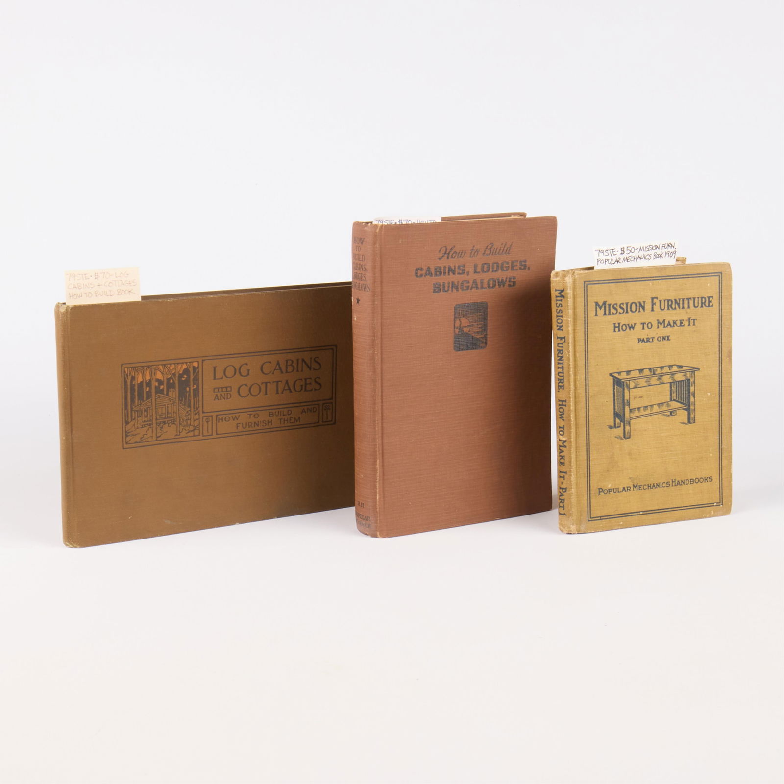3 Do-It-Yourself Furniture & Log Cabin Books: Group of three do-it-yourself books pertaining to building furniture, log cabins, and cottages. Including "Log Cabins and Cottages: How to Build and Furnish Them," "How to Build Cabins, Lodges, and Bu