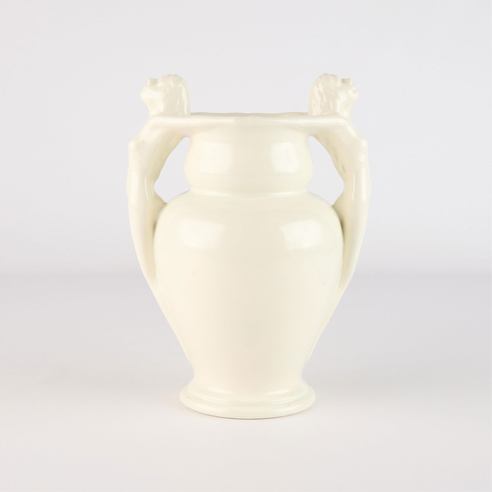 Rumrill for Red Wing "Athena" Ceramic Vase ca. 1930s: George Rumrill (American, 1891-1943) for Red Wing Pottery, Minnesota. Art Deco "Athena" model no. 569 pottery vase of figural form, ca. 1930s. Featuring sculpted female figures along the handles. Mark