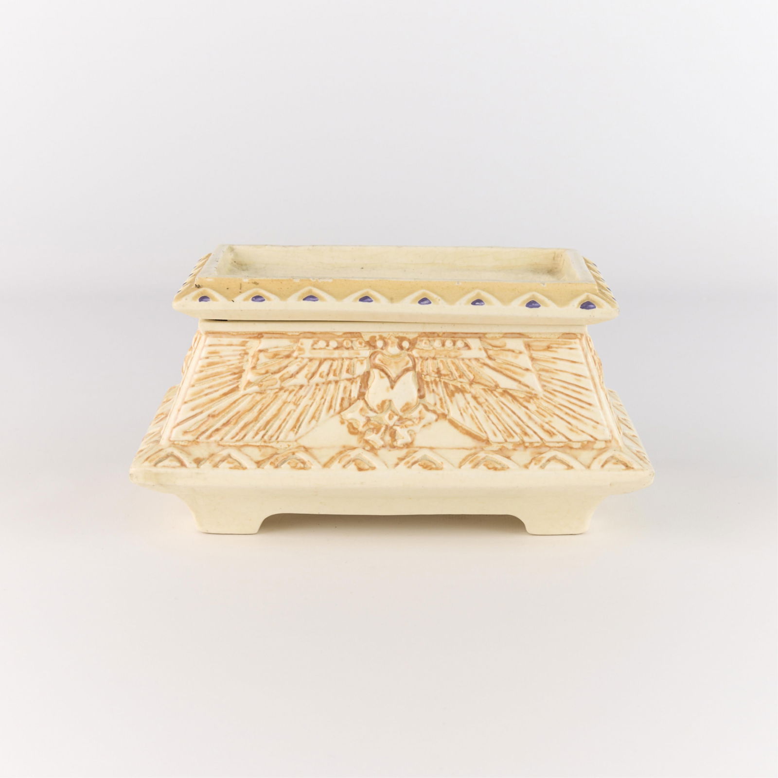 Weller Art Pottery Egyptian Revival Scarab Planter: Weller Pottery ceramic Egyptian Revival-style planter depicting central winged scarab motifs along each side. Not marked.Height: 4 1/2 in x width: 9 in x depth: 6 in.