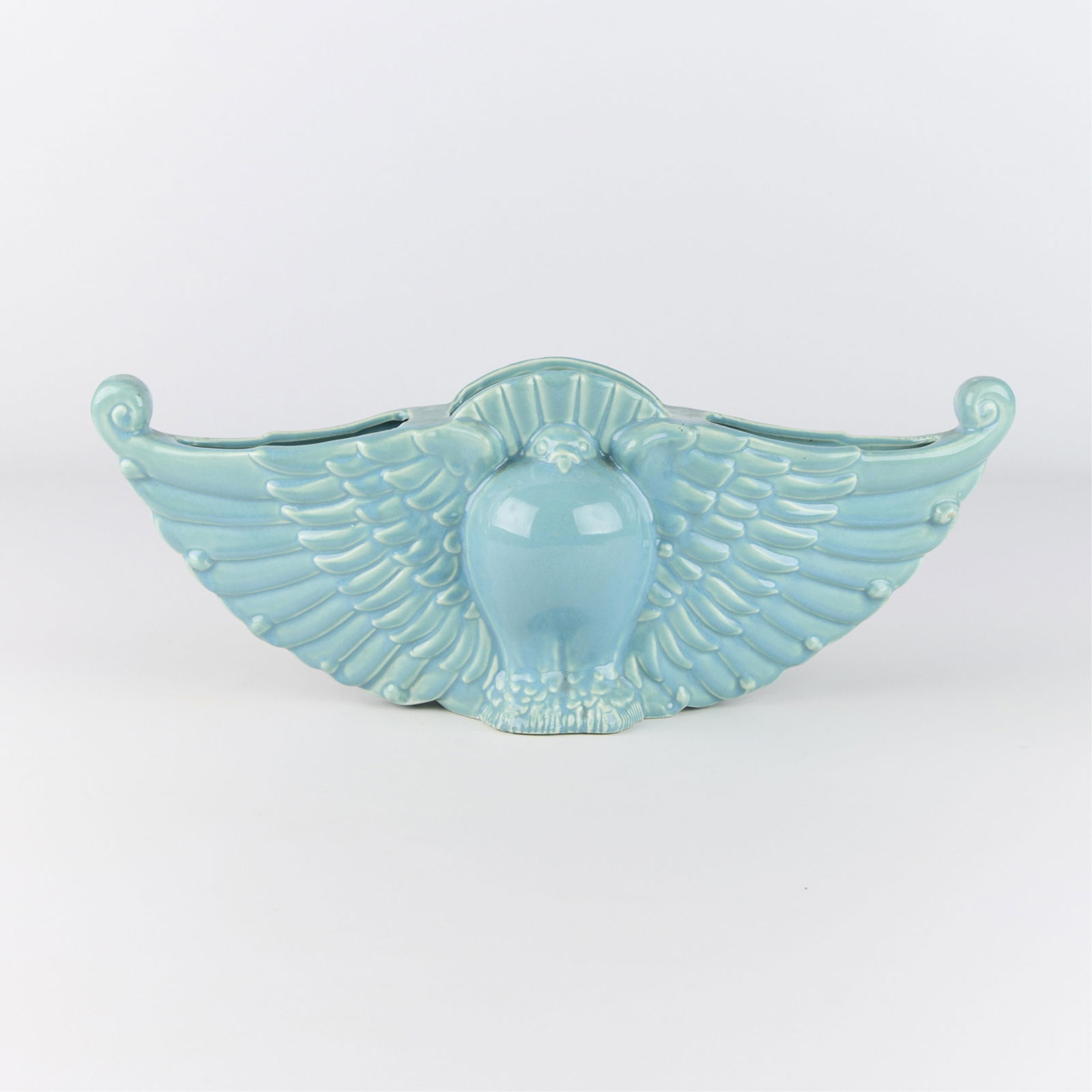 Royal Haeger Pottery "Pouter Pigeon" Vase: Royal Haeger Pottery, Illinois. Art Deco pottery ceramic vase in the form of a pouter or cropper pigeon. Executed in a light blue glaze.Height: 7 in x width: 18 in x depth: 5 1/2 in.