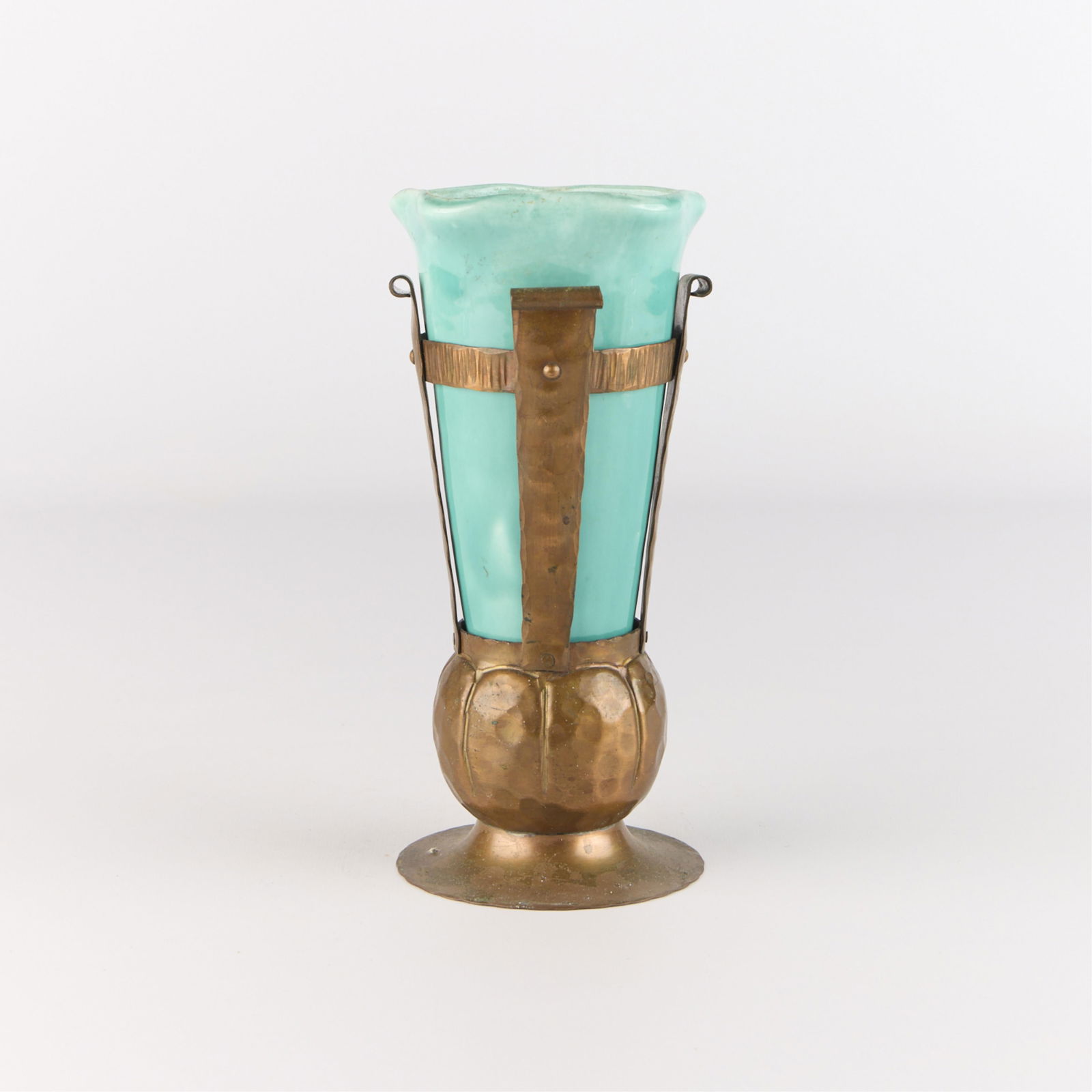Brayton Laguna Pottery Vase w/ Craftsman Studios Copper Stand: Brayton Laguna Pottery & Craftsman Studios, ca. 1920s-1930s. Arts & Crafts-style ceramic vase featuring a ruffled rim, executed in a teal glaze. With a hammered copper stand. Marked along the undersid