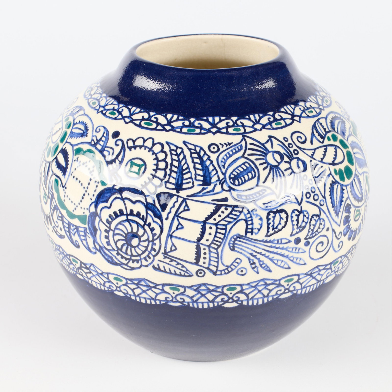 Art Deco Ceramic Blue & White Floral Pot (1 of 5)