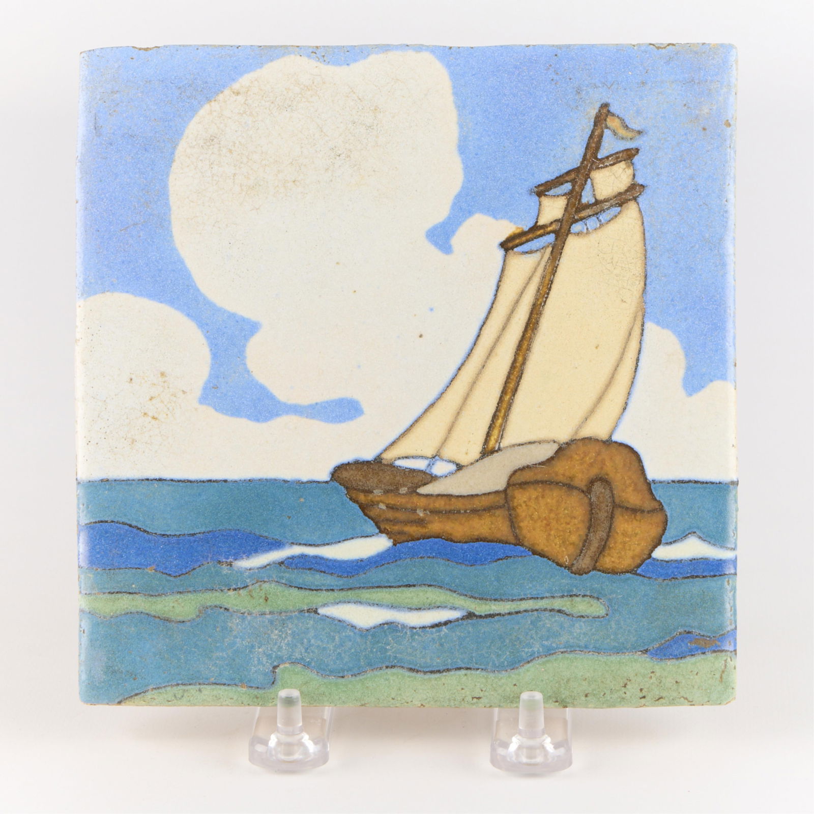 Flint Faience Arts & Crafts Ship Pictorial Tile (1 of 3)
