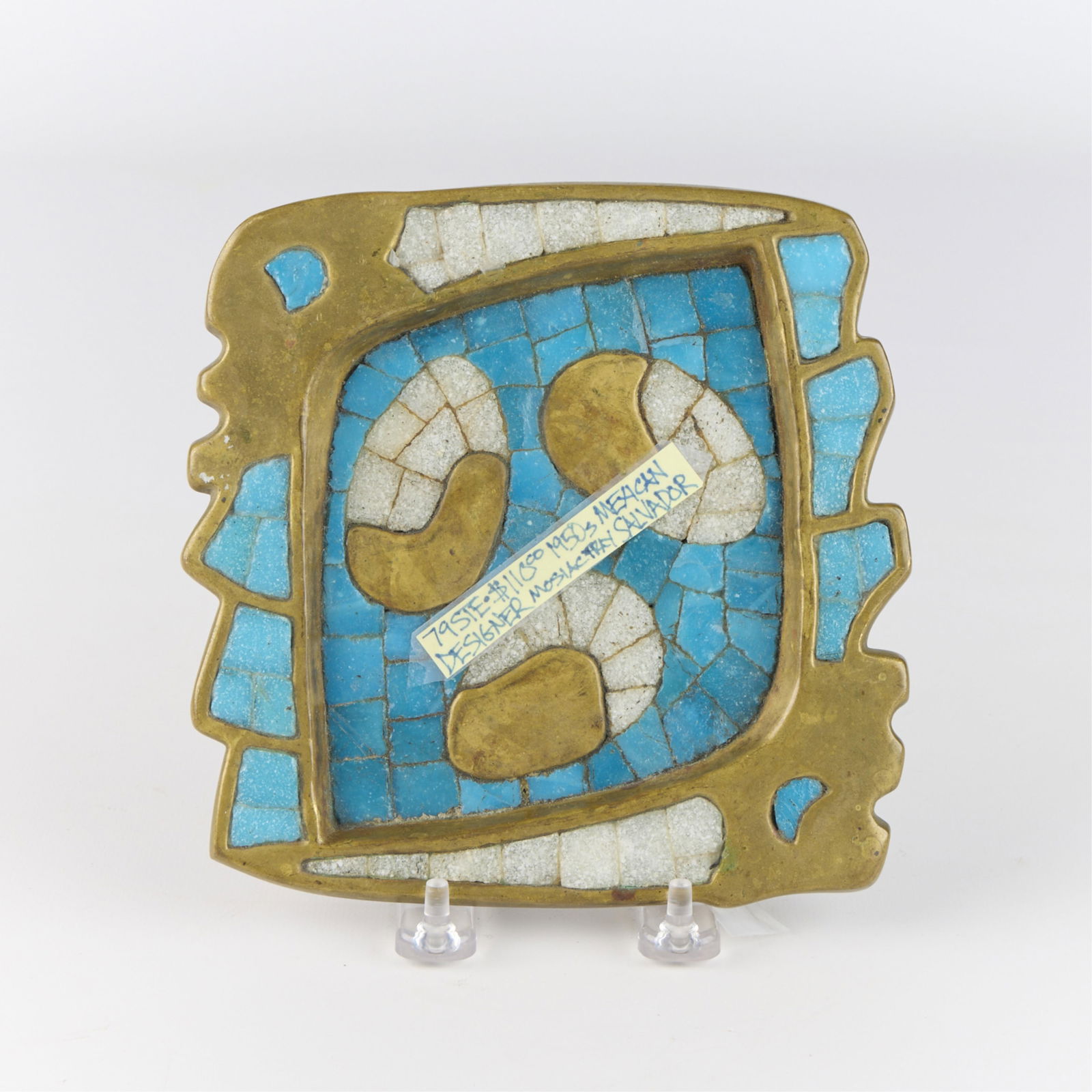 Salvador Teran Brass & Glass Mosaic Tray: Salvador Teran (Mexican, 1920-1974). Vintage handwrought brass and glass mosaic tray, ca. 1950s. Depicting three eggs guarded by long-beaked birds, possibly toucans, along each side. Marked along the