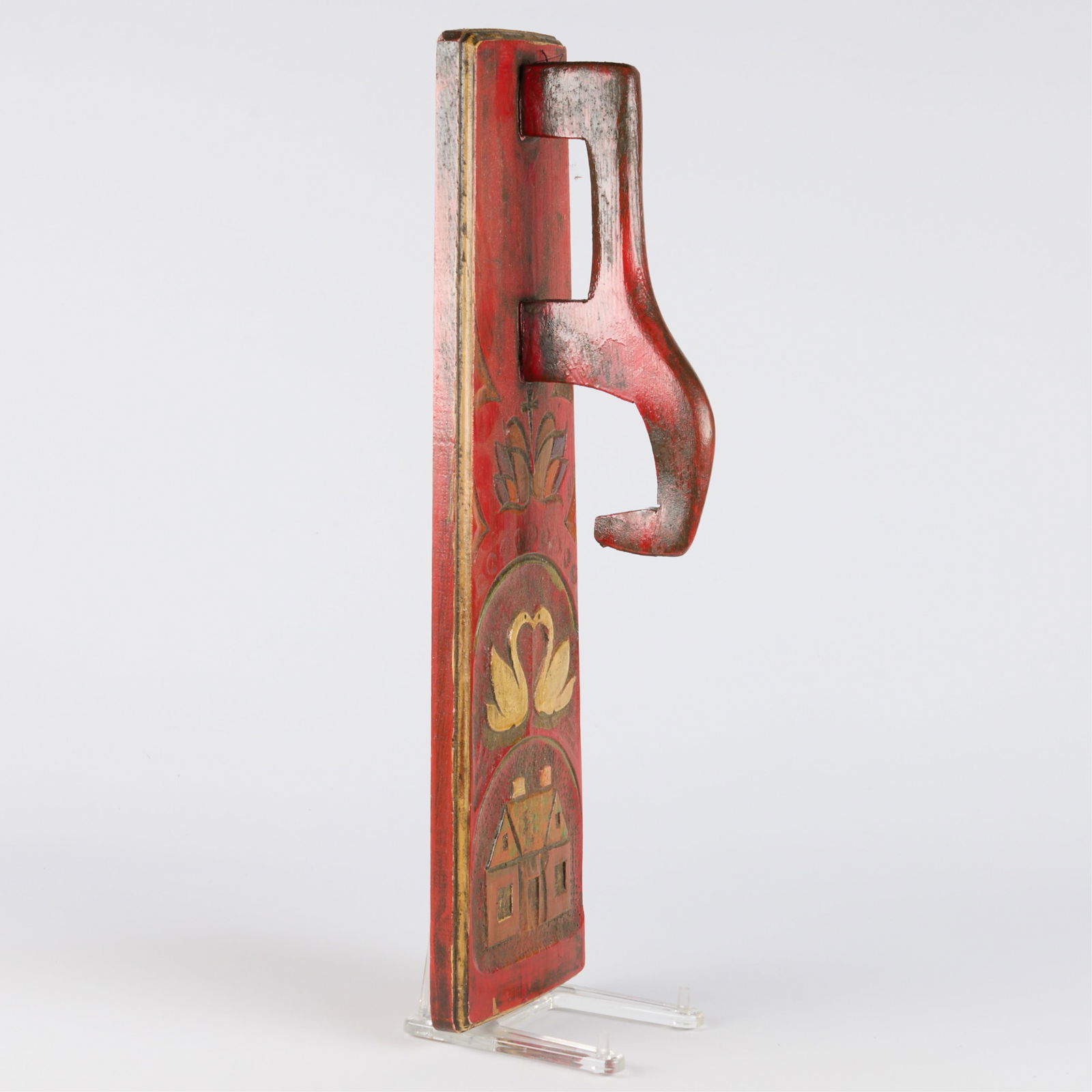 Antique Scandinavian Folk Art Mangle Linen Board: Antique wooden Norwegian or Swedish folk art mangle board or mangletre. Traditionally used to press or smooth linens after washing. With carved and painted depictions of two swans and a house.Height: