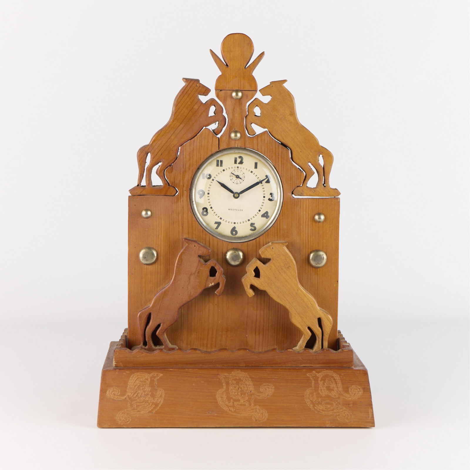 Folk Art Wooden "Horses" Westclox Mantle Clock (1 of 5)