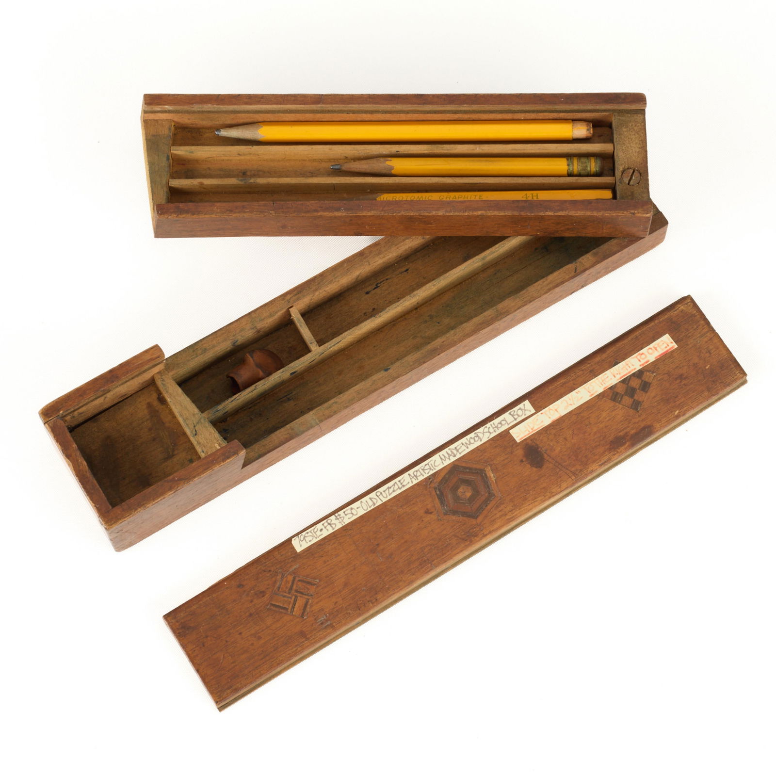 Antique Carved & Inlaid Slide-Top Wood Pencil Case (1 of 4)