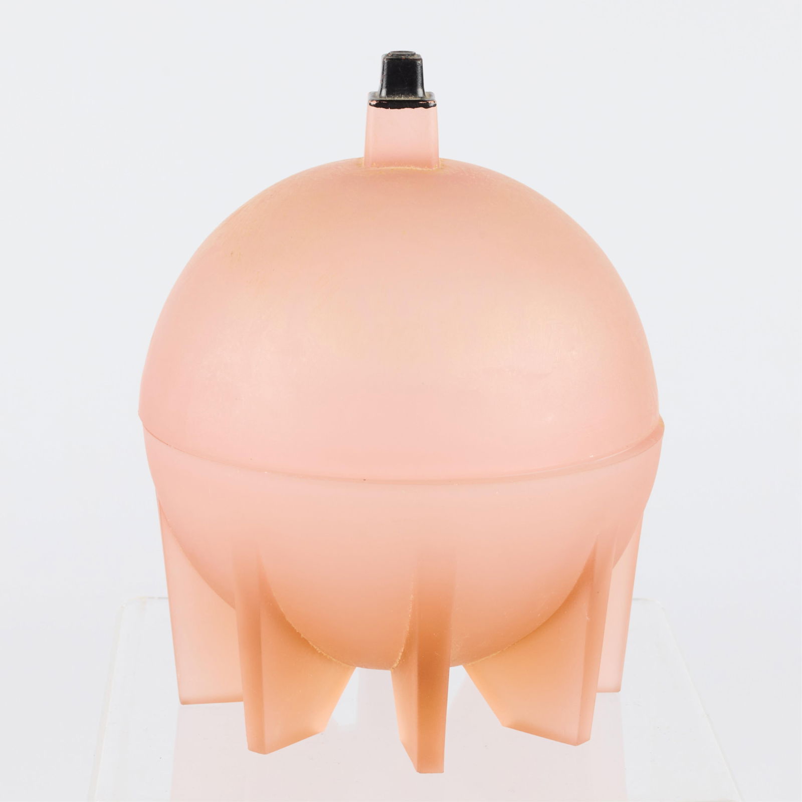 Art Deco Pink Frosted Satin Glass Powder Jar ca. 1930s: Art Deco Great Depression era Regency style pink frosted satin glass sphere powder jar, 1930s.Height: 6 1/2 in x diameter: 5 in.