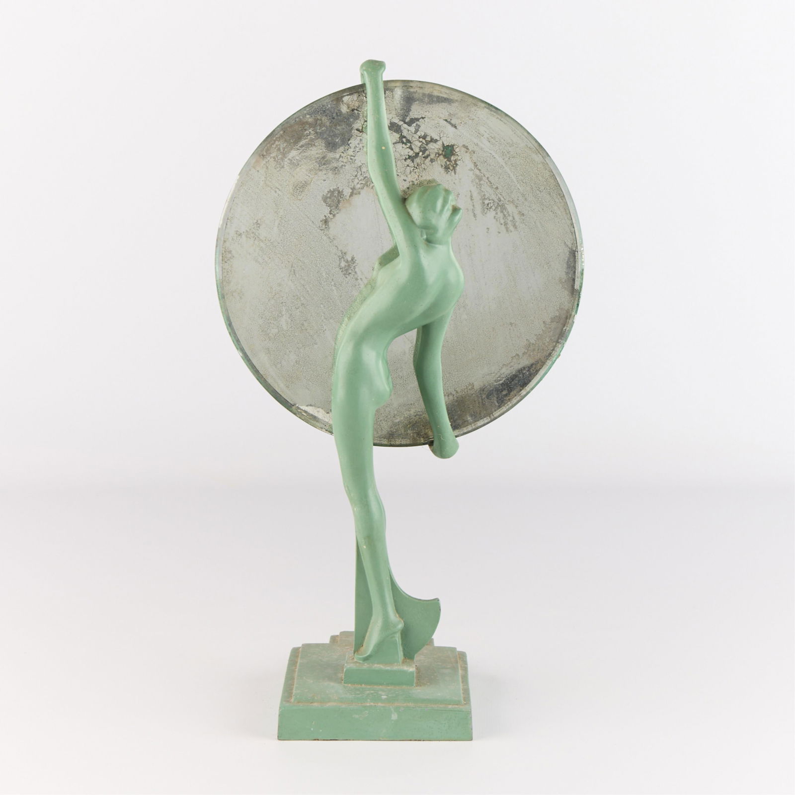 Frankart Art Deco Nymph Mirror ca. 1920s-30s: Frankart, New York. Art Deco nude nymph table mirror, ca. 1920s-30s. Height: 15 in x width: 8 1/2 in x depth: 5 1/2 in.