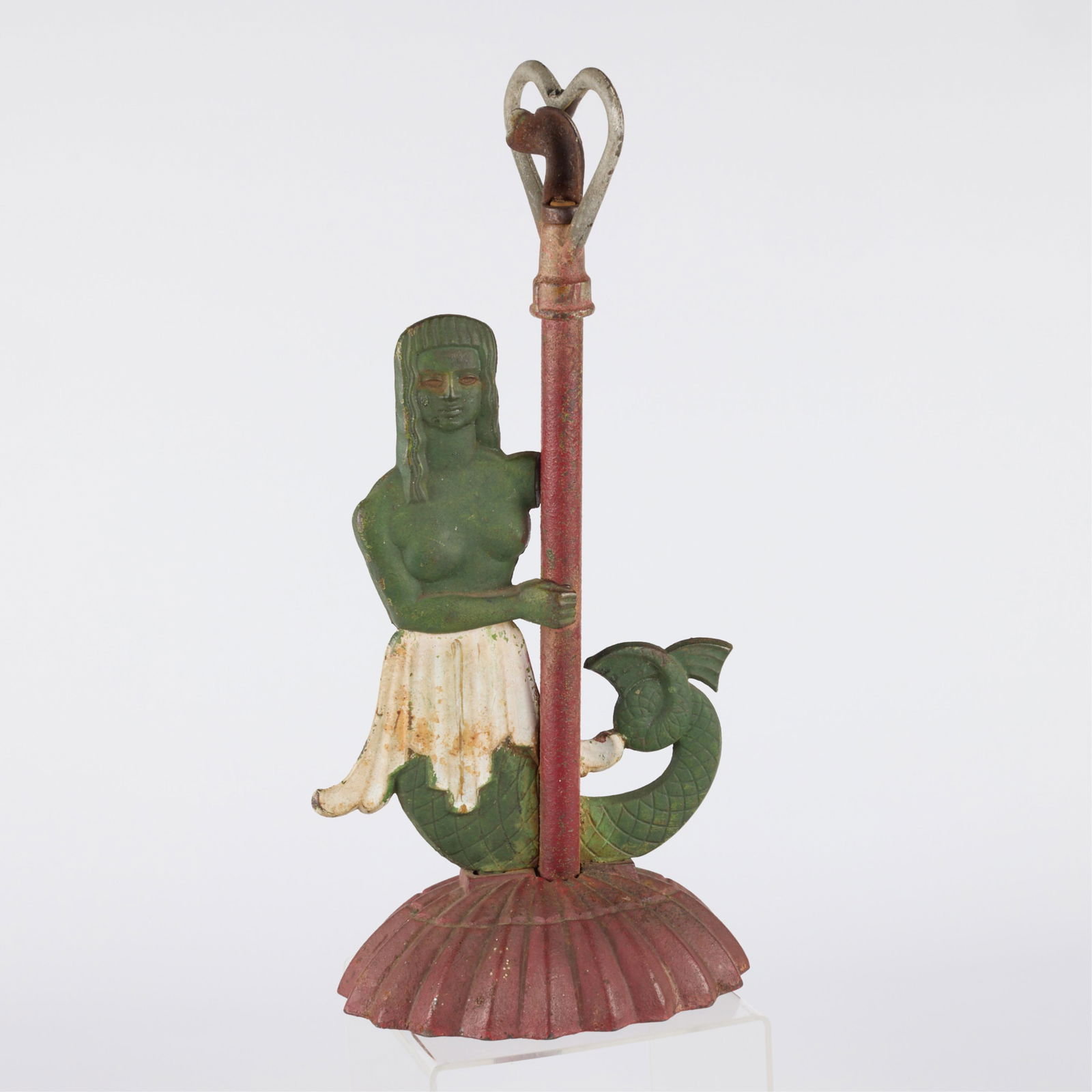 Art Deco Painted Cast Iron Mermaid Lawn Sprinkler: Art Deco painted cast iron garden art or lawn sprinkler in the form of a mermaid. With heart-shaped spinner head. Height: 16 in x width: 7 1/4 in x depth: 7 1/2 in.