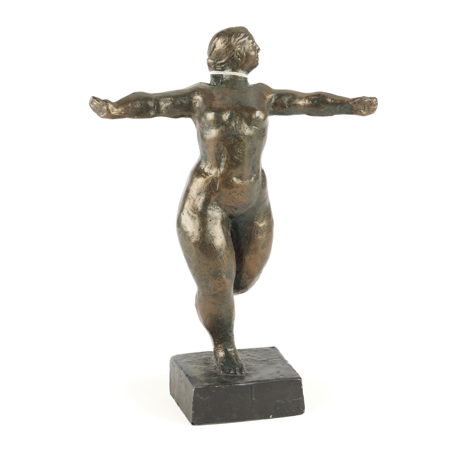 Mid-Century Modern Metal Figural Sculpture: Mid-century modern metal figural sculpture in the form of a nude woman in a classic dancing position.Height: 12 in x width: 9 in x depth: 5 in.
