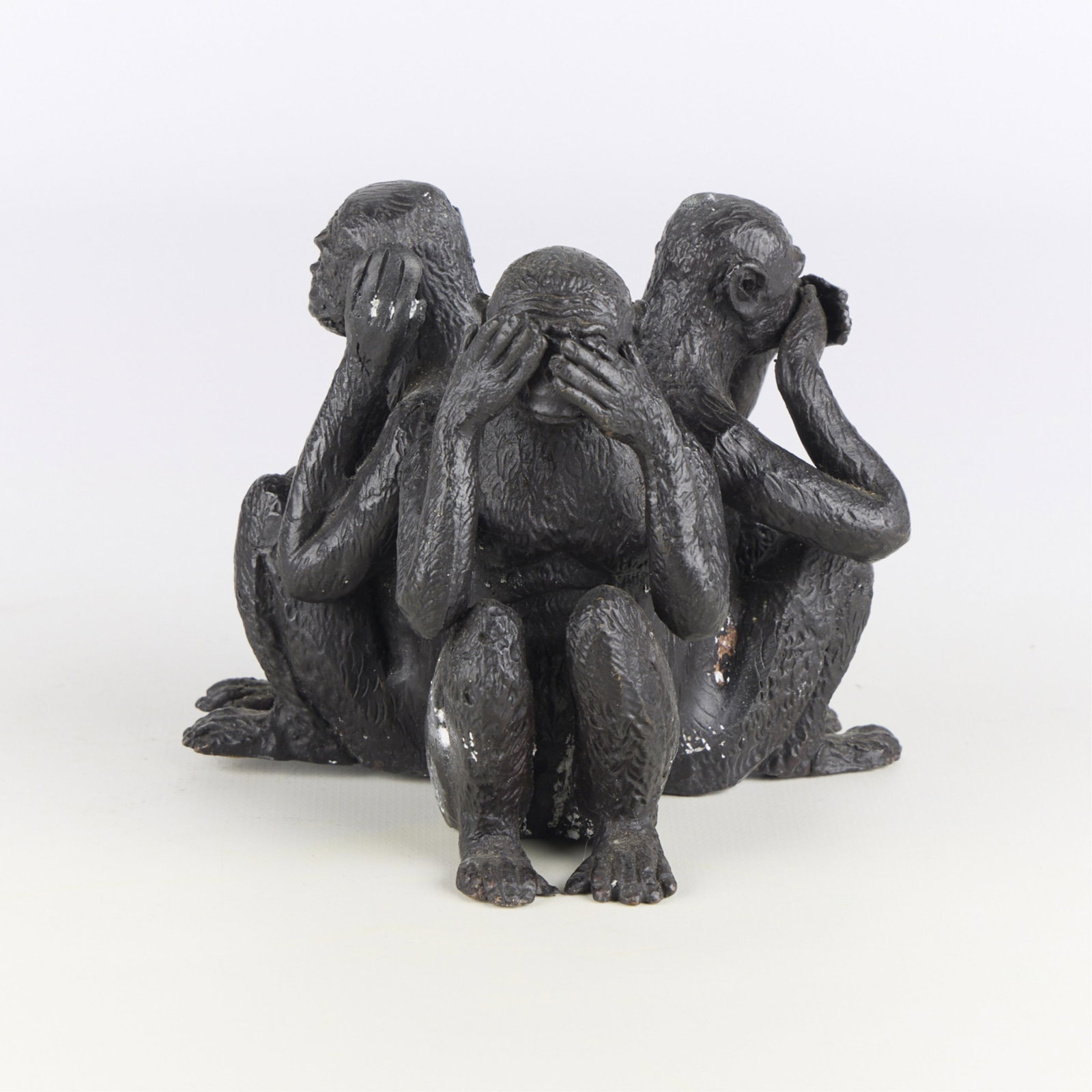 Hear No, See No, Speak No Evil Bronze Monkeys: Bronze figure depicting three seated monkeys, gesturing "Hear No Evil, See No Evil, Speak No Evil." Provenance: From the estate of Jerry Hal Saliterman (1947-2025), the career criminal identified by f