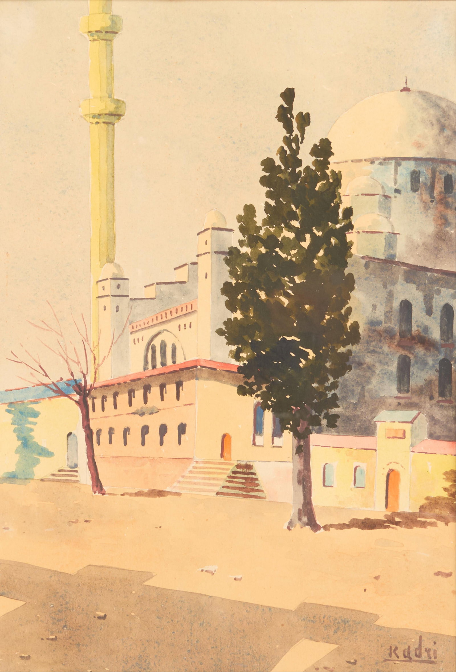 Kadri Aytolon Watercolor Mediterranean Cityscape Painting: Kadri Aytolon watercolor painting on paper depicting an urban corridor, void of people. Possibly located in Turkey. Signed along the lower right. Height: 17 1/4 in x width: 13 in x depth: 1 in.