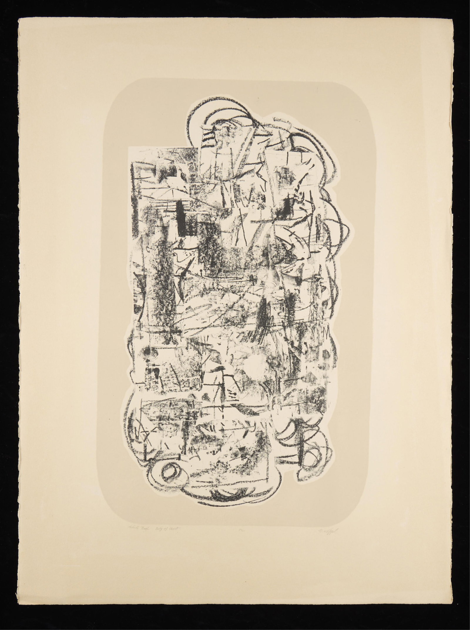 Hugh Kappel "Body of Artist" Lithograph A/P 1972: Hugh Kappel lithograph on paper titled "Body of Artist", 1972. Pencil signed, dated, titled, and editioned "artist's proof" along the lower margin. Height: 30 in x width: 22 1/4 in.