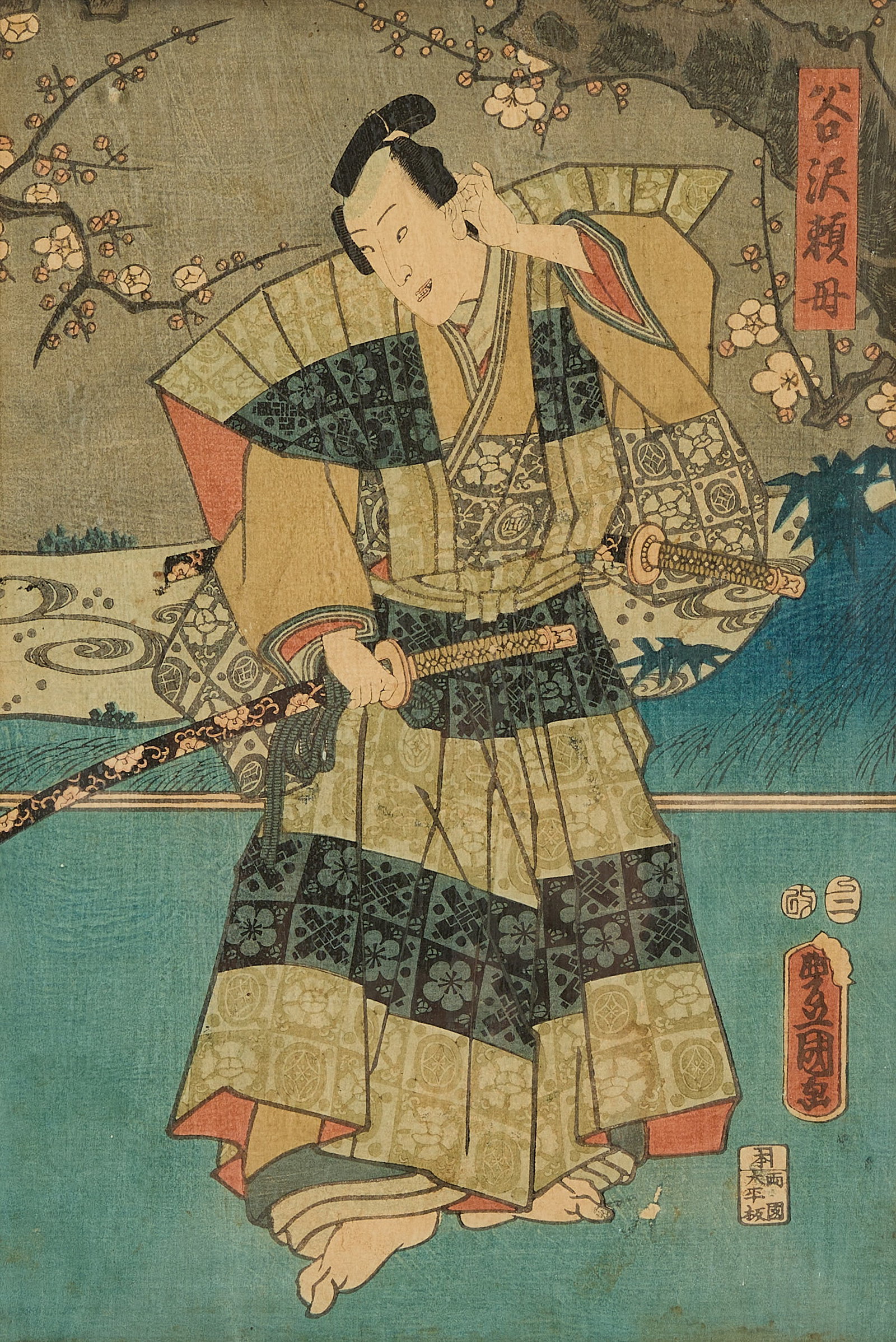 Japanese Figural Woodblock Print: Japanese woodblock print depicting a samurai figure below sakura cherry blossoms. With a partial label along the verso, reading "To Totuni III Period About 1840." With a Wilsey Galleries ink stamp alo
