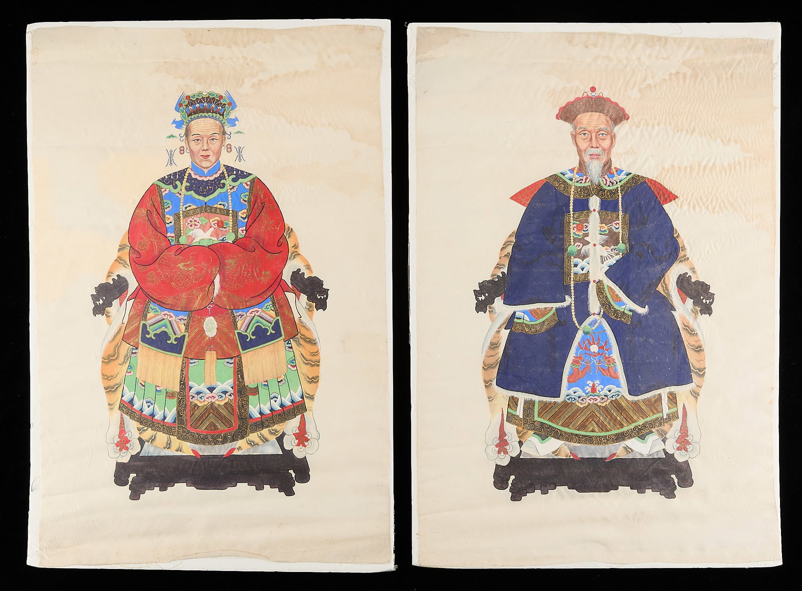 Pr Chinese Ancestor Portraits: Pair of Chinese ancestor portrait paintings on linen, likely ca. late Qing Dynasty or 20th/21st century. Depicting two high-ranking officials, likely a couple, in full length. (Woman) Height: 33 1/2