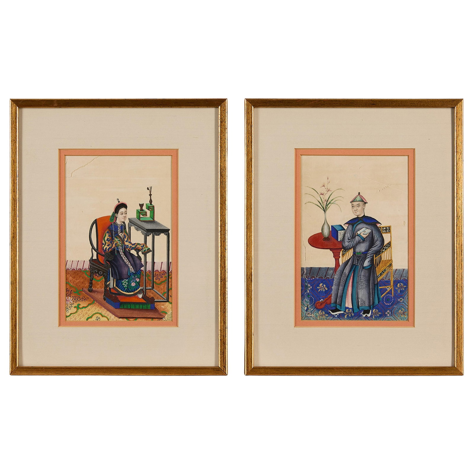 2 Chinese Figural Paintings: Group of two Chinese figural paintings depicting a seated man and woman, likely of noble status. (Each) Height: 14 1/2 in x width: 11 1/4 in x depth: 1/2 in.