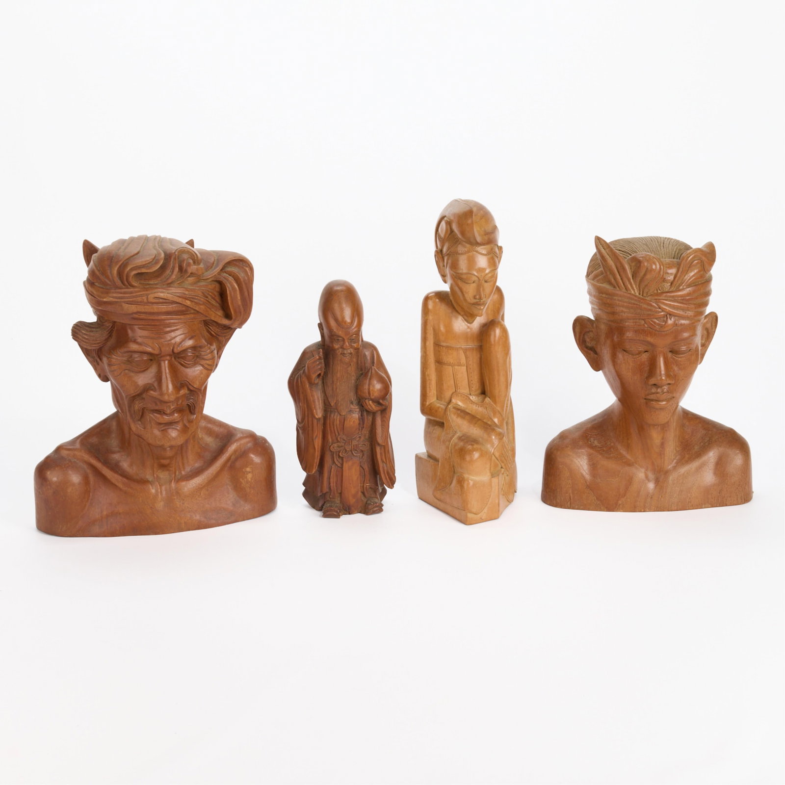 4 Bali & Chinese Carved Wooden Busts & Figurines (1 of 5)