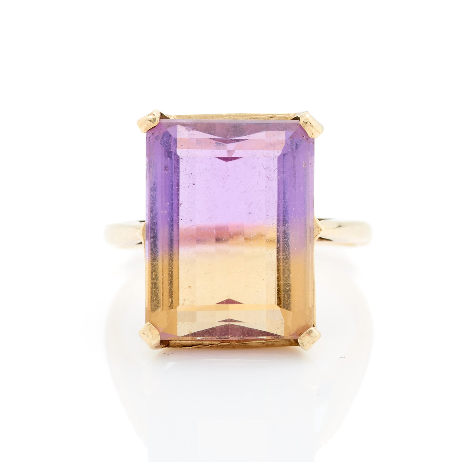 10k Yellow Gold & Ametrine Ring Sz 8: 10k yellow gold ring set with large step cut ametrine, marked 10k along the interior. Ring size: 8 US. Gross weight: 5.86 g