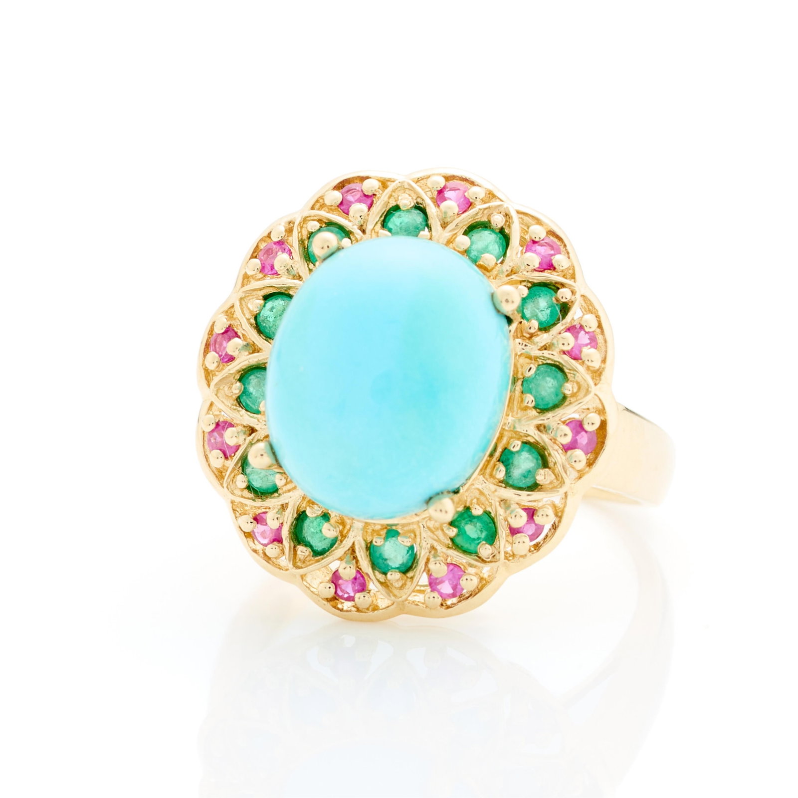 14k Yellow Gold Cluster Ring Sz 7: 14k yellow gold cluster ring set with large turquoise colored cabochon (untested) and surrounded by a halo of green and red stones, likely emeralds and turquoise. Marked 14k FP China. Ring size: 7 US.