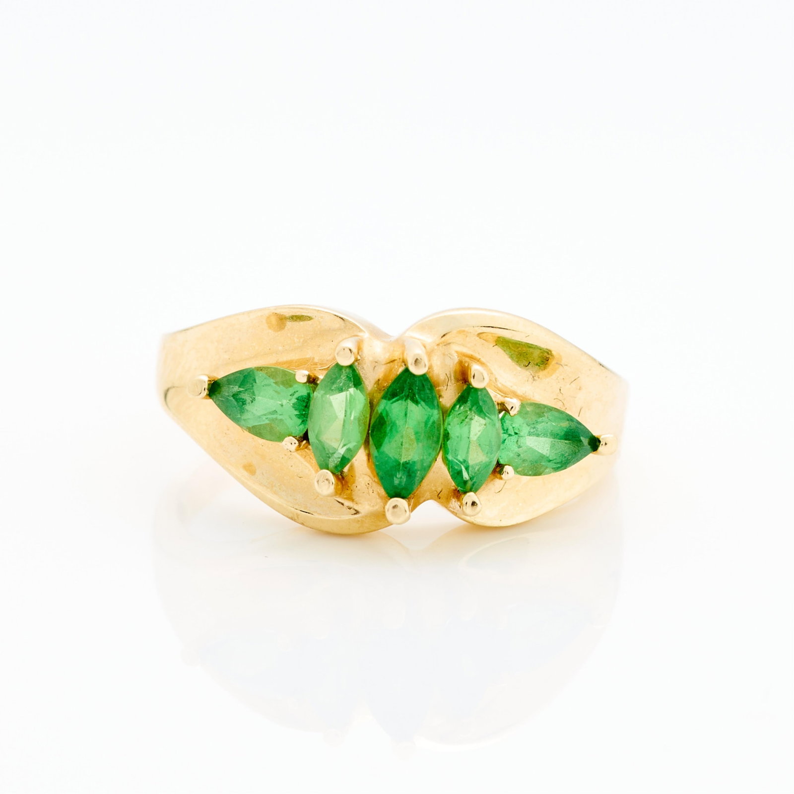 14k Yellow Gold Ring Sz 8: 14k yellow gold ring set with five marquise cut glass stones. Marked 14k along the interior shank. Ring size: 8 US. Gross weight: 3.42 g