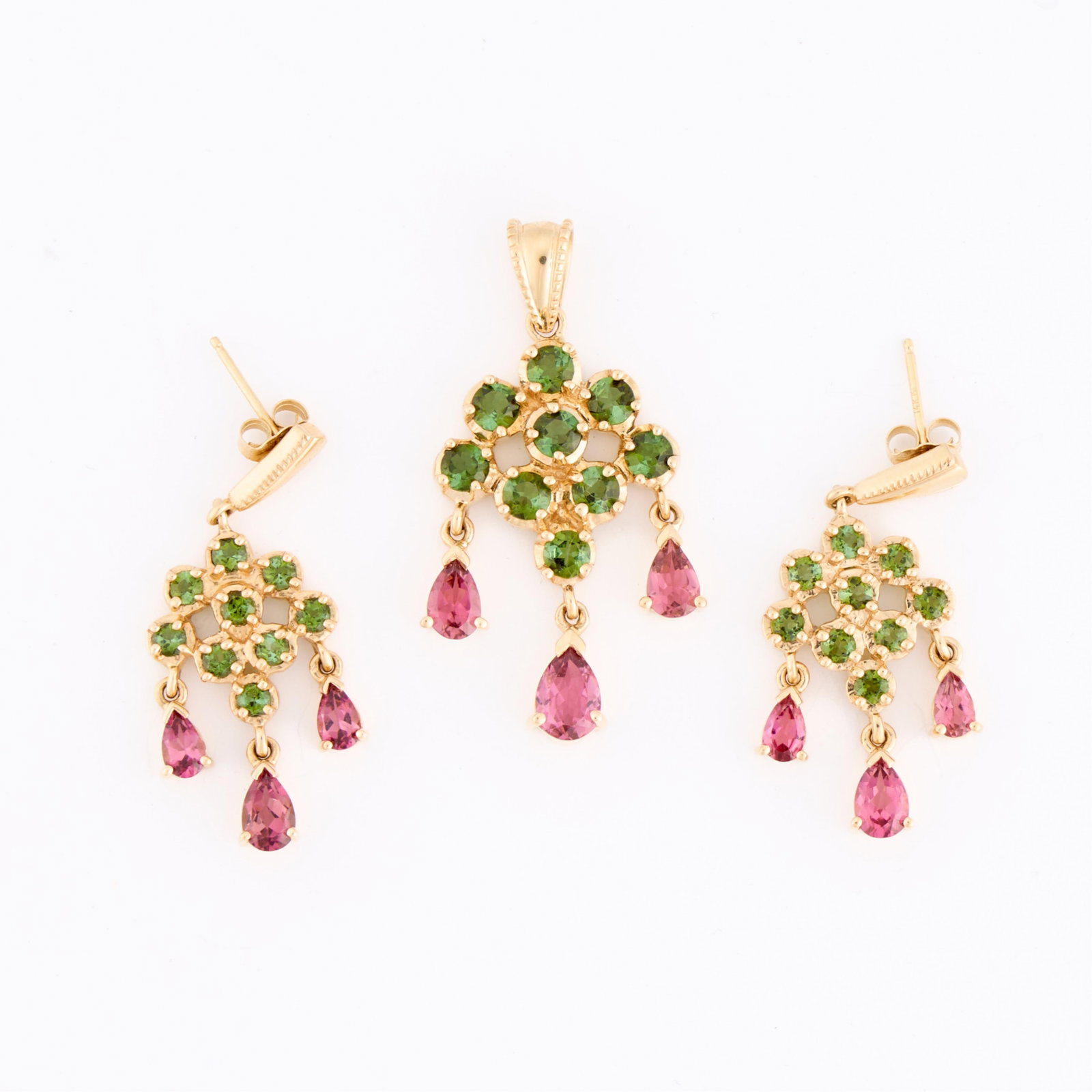 Pr Thai 14k Gold Dangle Earrings & Pendant: Pair of Thailand 14k gold dangle earrings with a matching pendant. Each set with rounded light green and tear drop pink stones. Each marked 14k along the back. (Each, approximately) Length: 1 1/2 in.